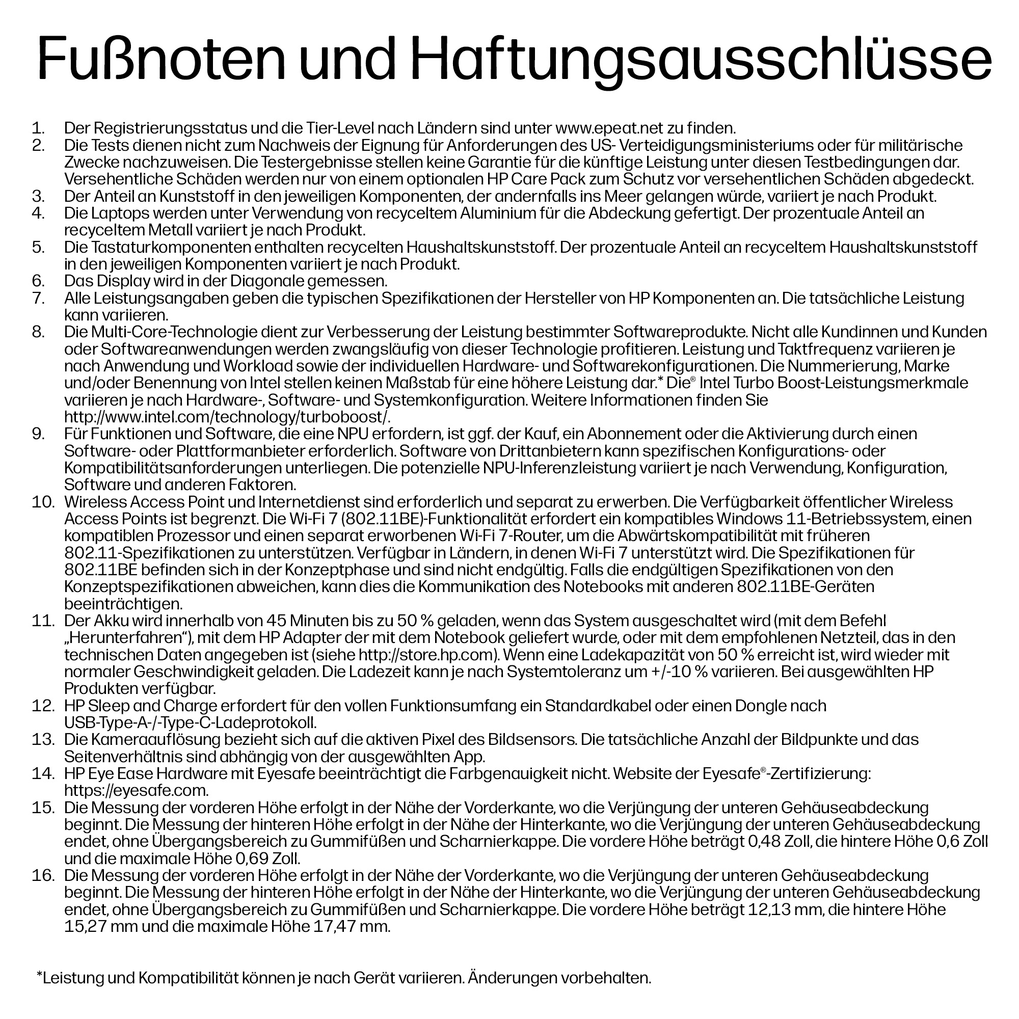 Text mit Fußnoten und Haftungsausschlüssen, nummerierte Liste.
