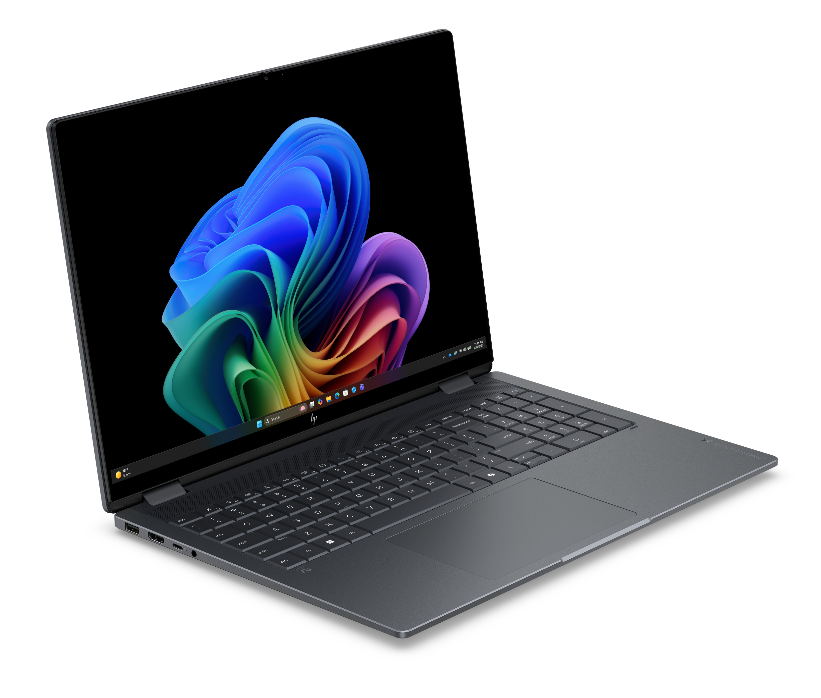 Ein dunkler Laptop mit einem bunten Hintergrundbild auf dem Bildschirm.