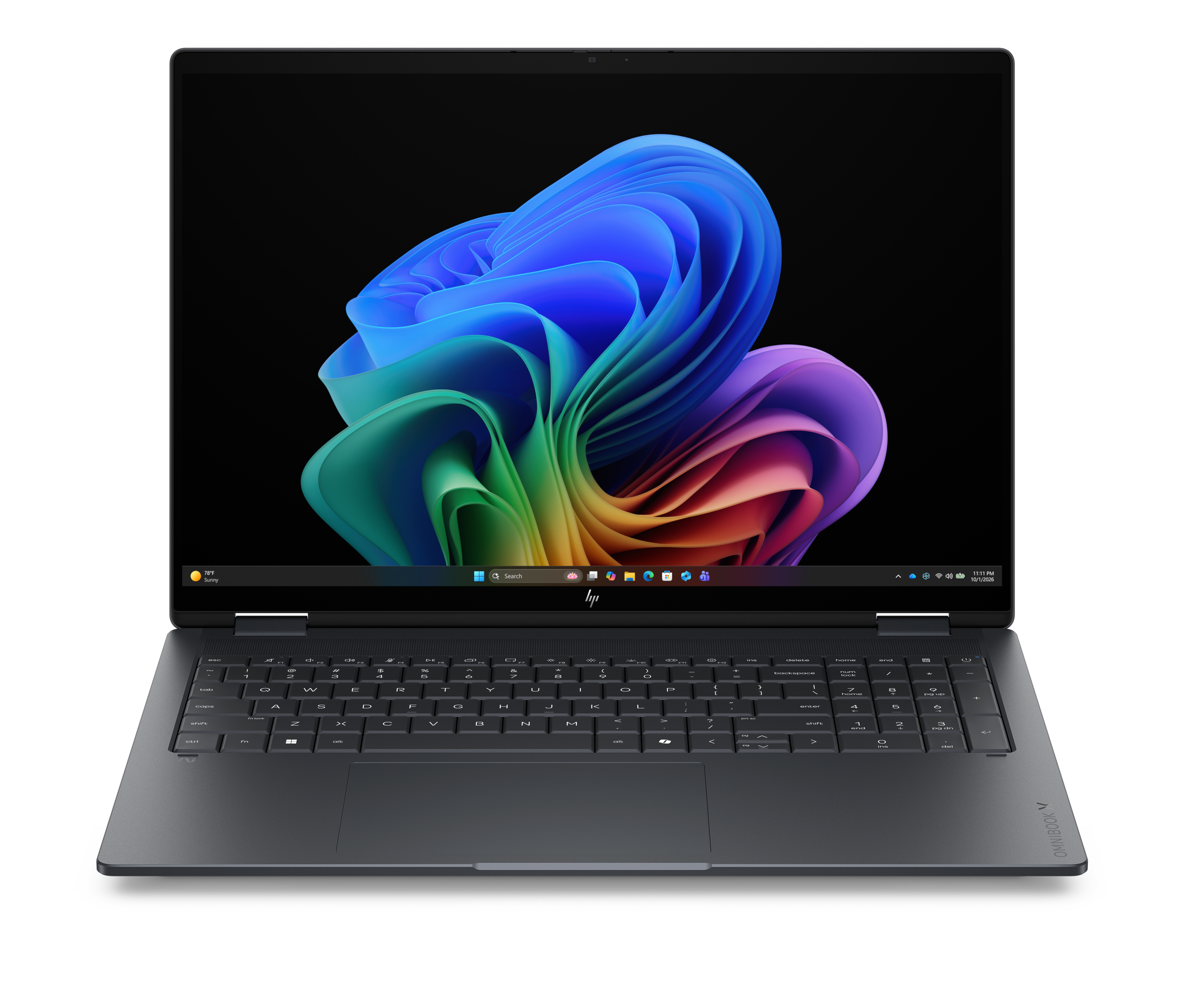 Ein geschlossener Laptop mit farbenfrohem Hintergrundbild. Tastatur und Touchpad sind sichtbar.