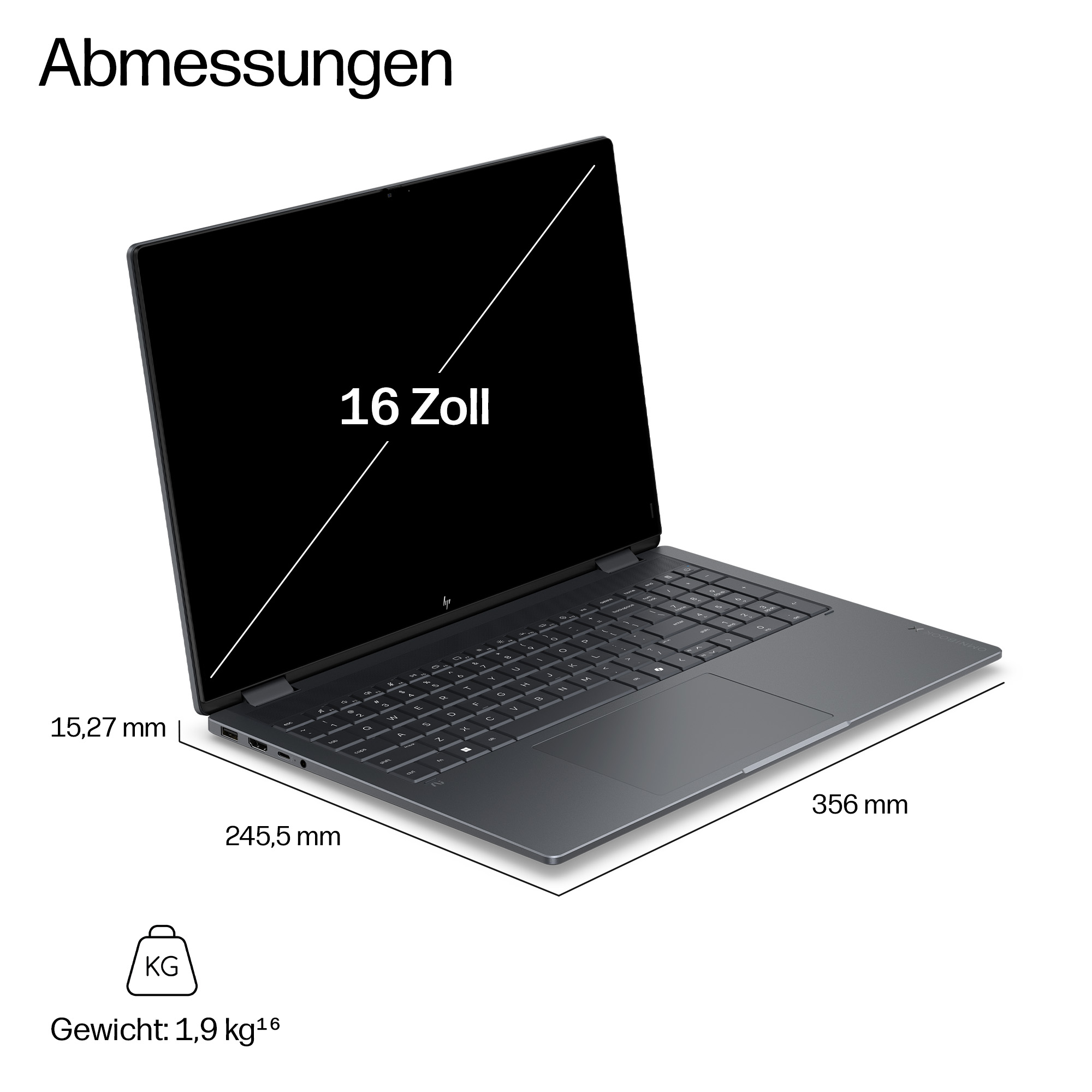 Ein geschlossenes dunkles Laptop mit Maßen: 15,27mm Höhe, 245,5mm Breite, 356mm Tiefe, 1,9kg.