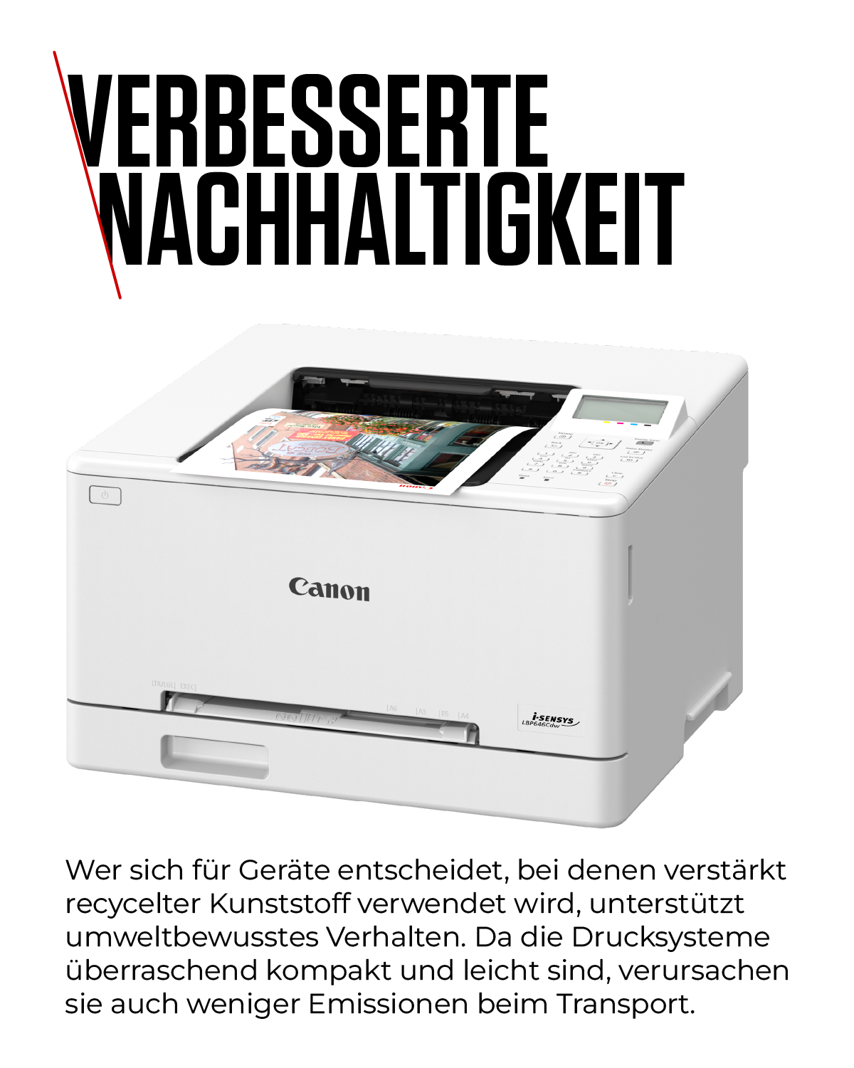 Ein weißer Canon Drucker mit dem Text 'VERBESSERTE NACHHALTIGKEIT'.