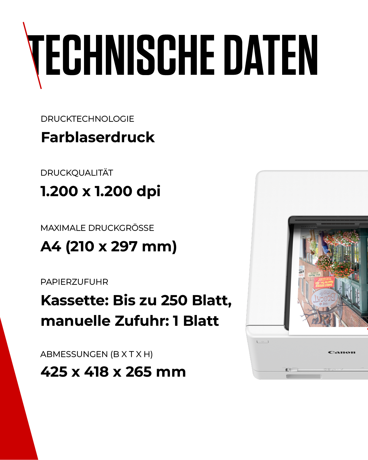 Technische Daten eines Druckers: Drucktechnologie, Druckqualität, Papierkapazität.