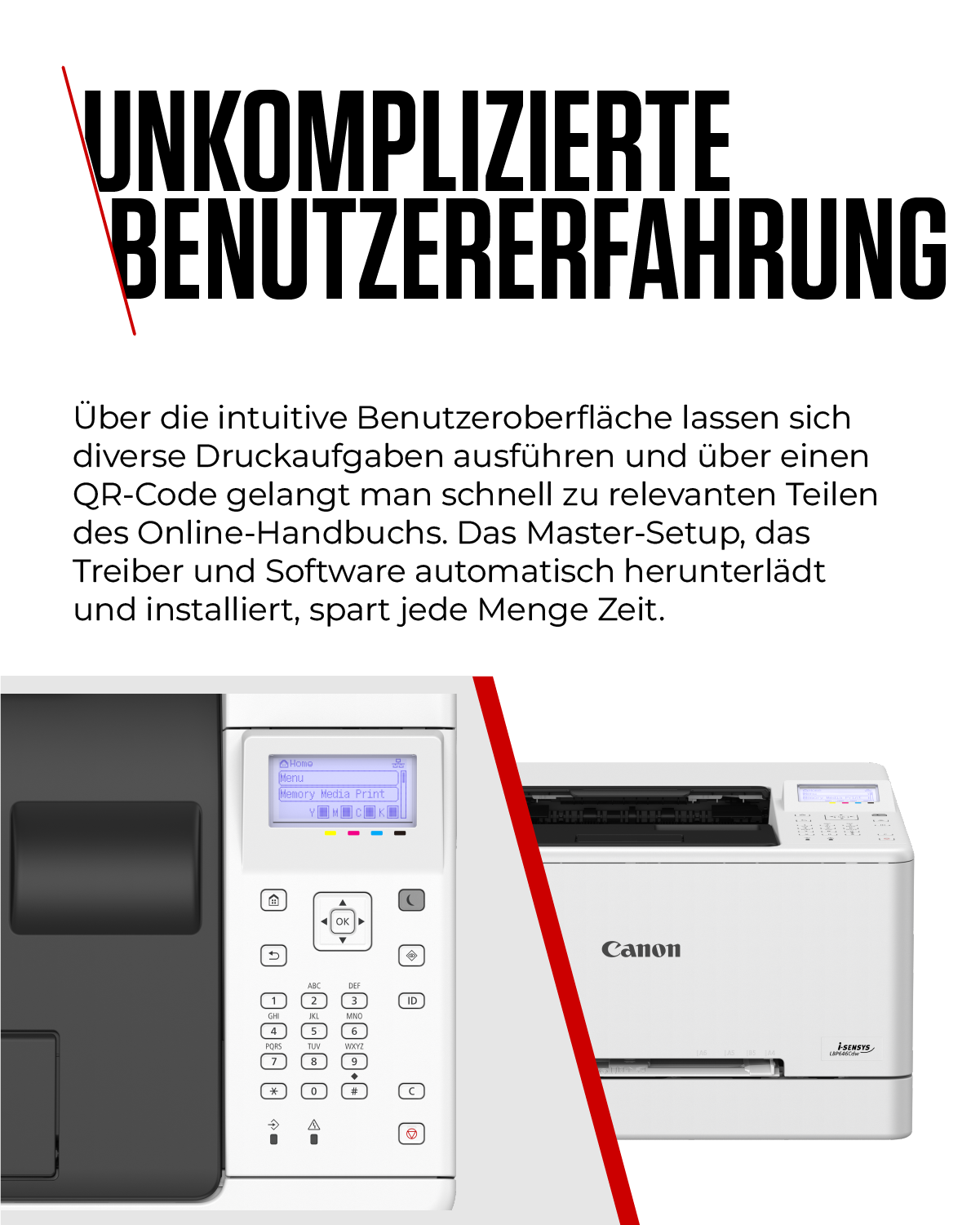 Zwei weiße Canon-Drucker mit Bedienfeld und Tastatur.