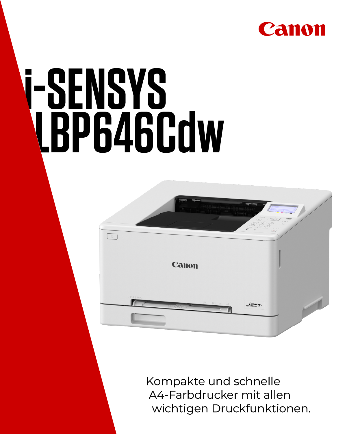 Ein weißer Canon i-SENSYS LBP646Cdw Farbdrucker mit Text.