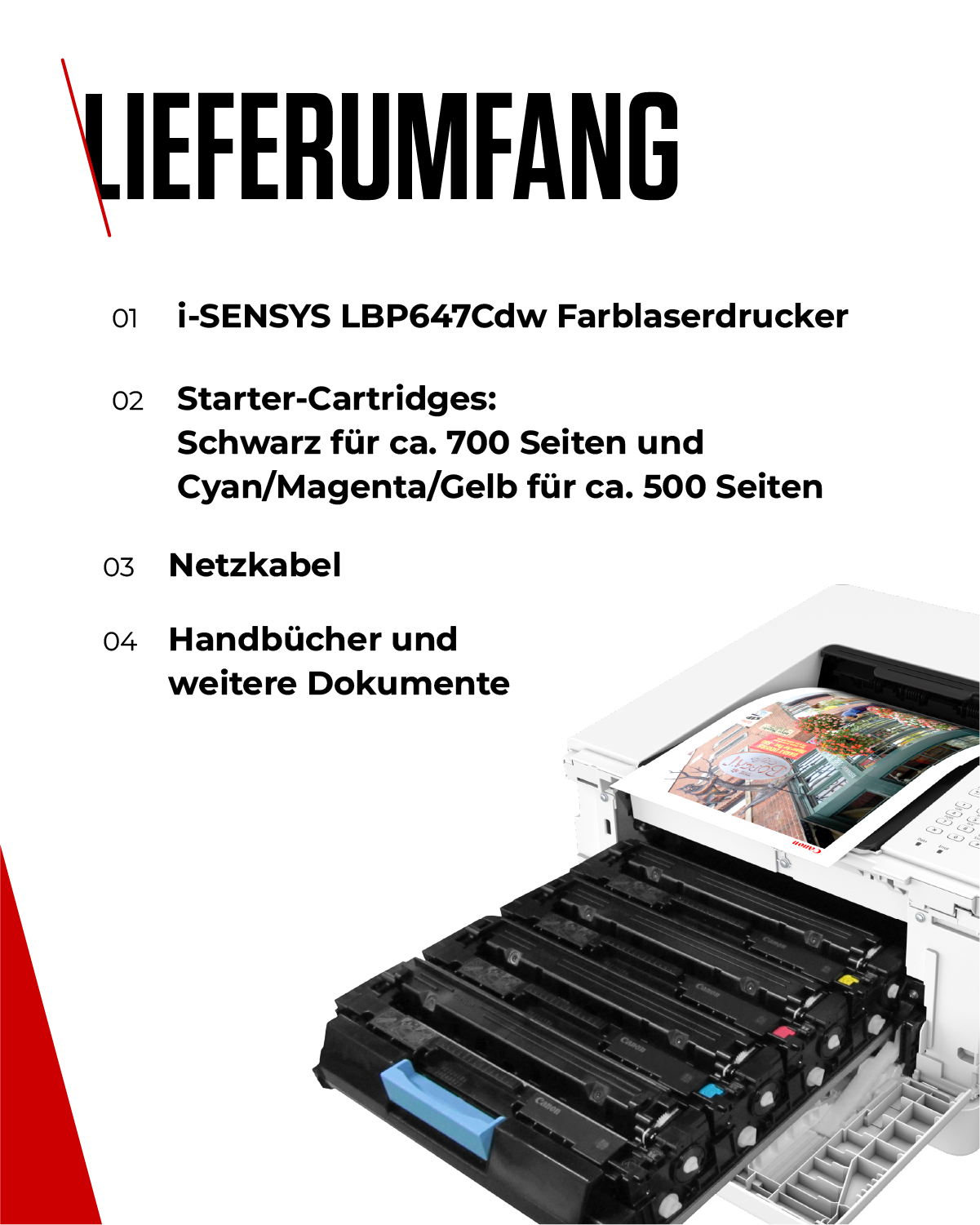 Drucker mit Tintenpatronen und Dokumenten. Enthält Drucker, Patronen, Kabel und Handbücher.