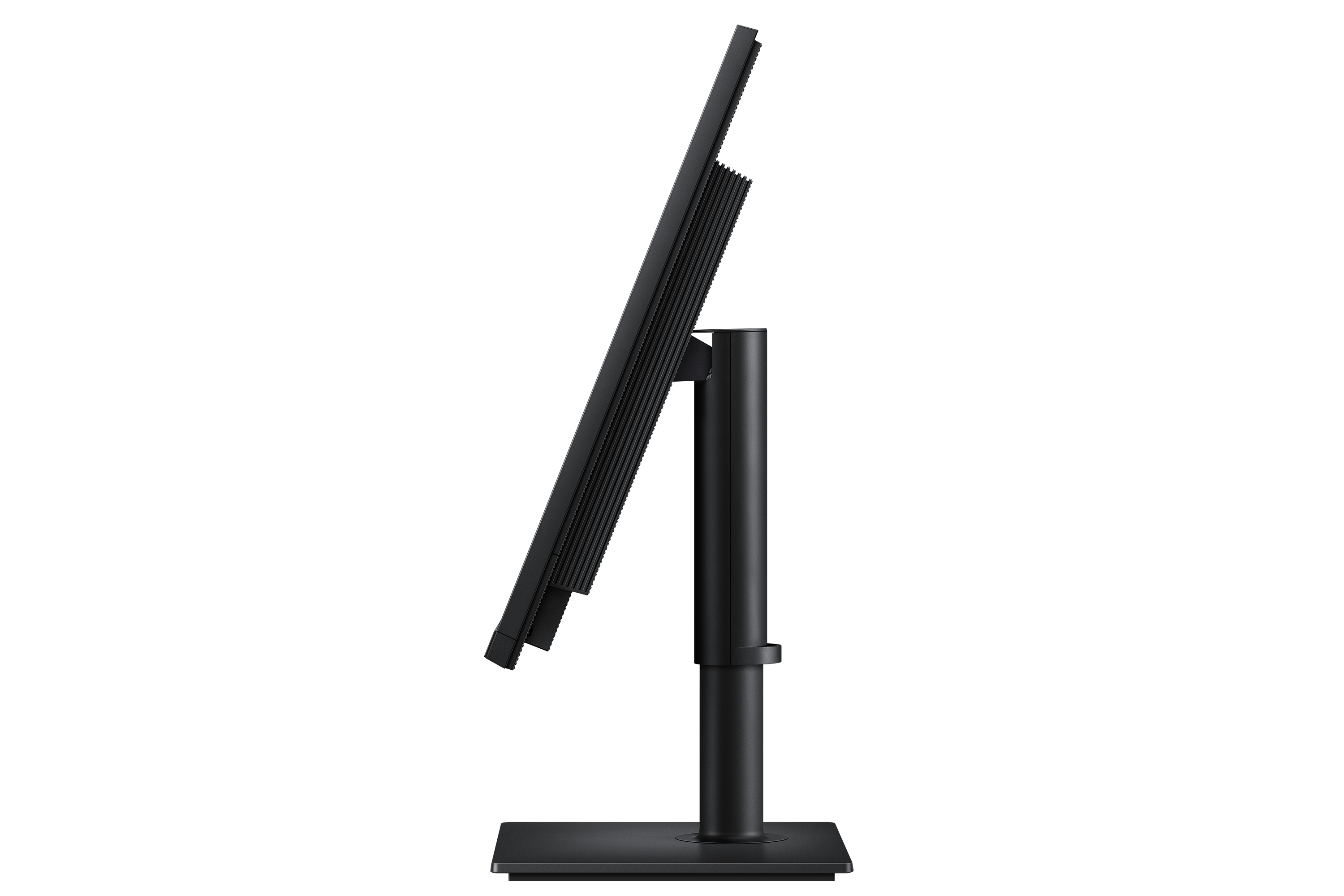 Schwarzer Computermonitor mit schmalem Rahmen auf einem Standfuß, Seitenansicht.