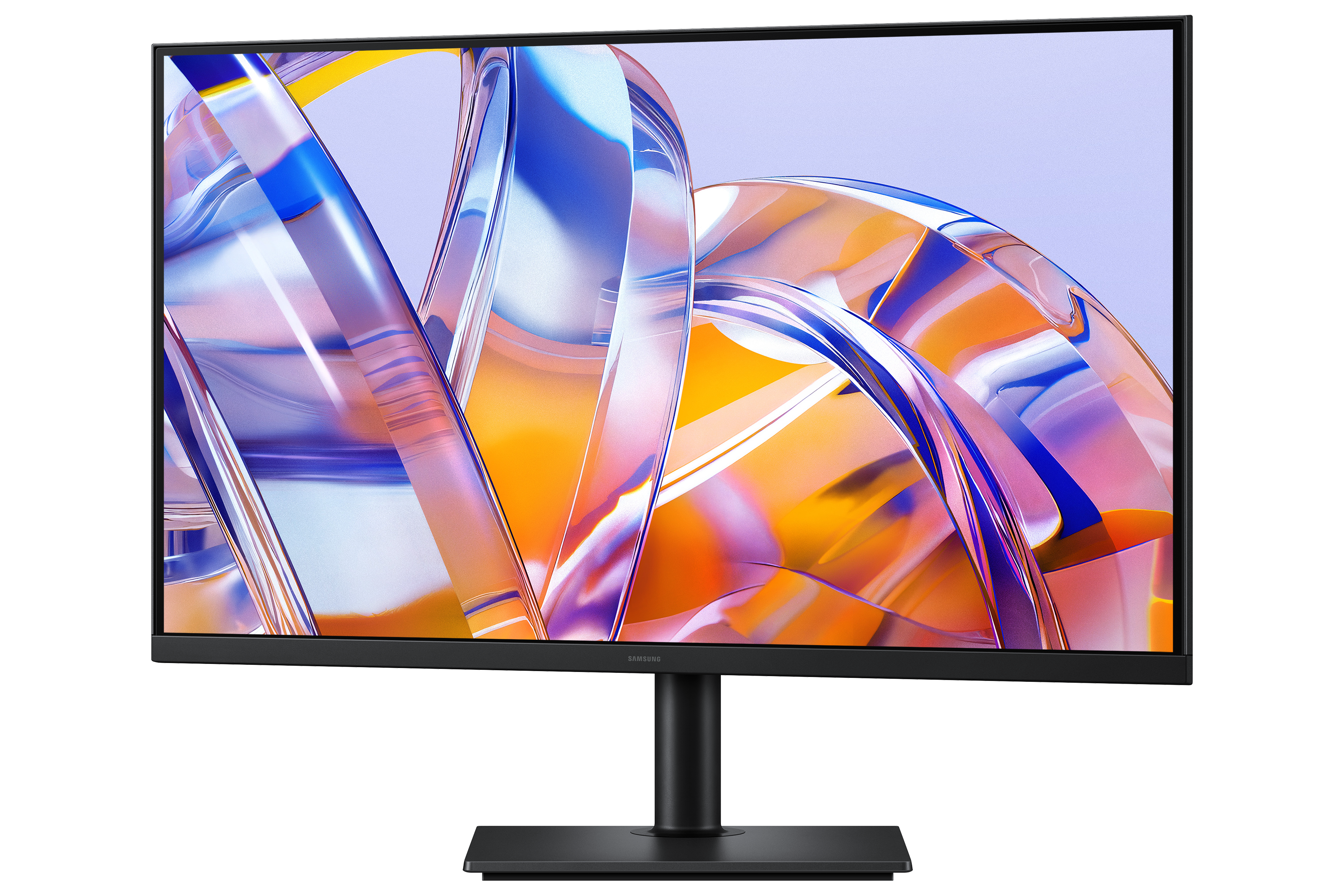 Ein moderner Samsung-Monitor mit einem bunten, abstrakten Hintergrundbild.
