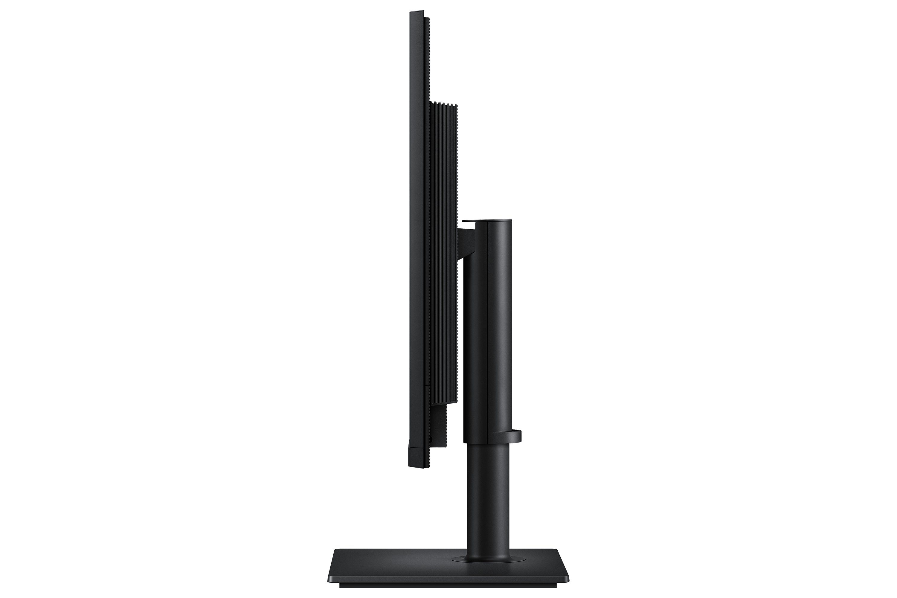 Seitenansicht eines schwarzen Monitors mit schmalem Rahmen und gerillter Rückseite.