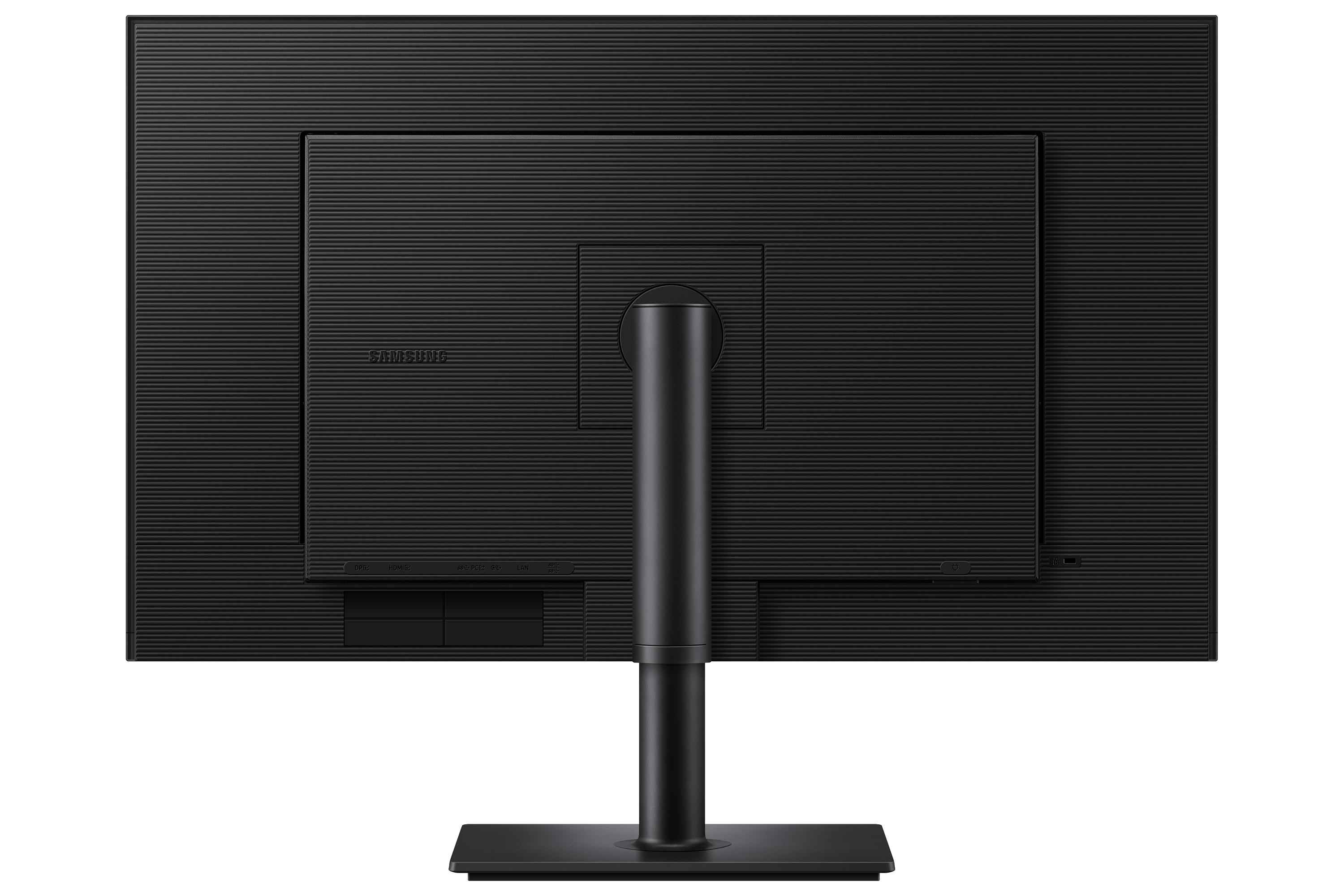 Rückseite eines schwarzen Samsung Monitors mit Anschlüssen und Standfuß.