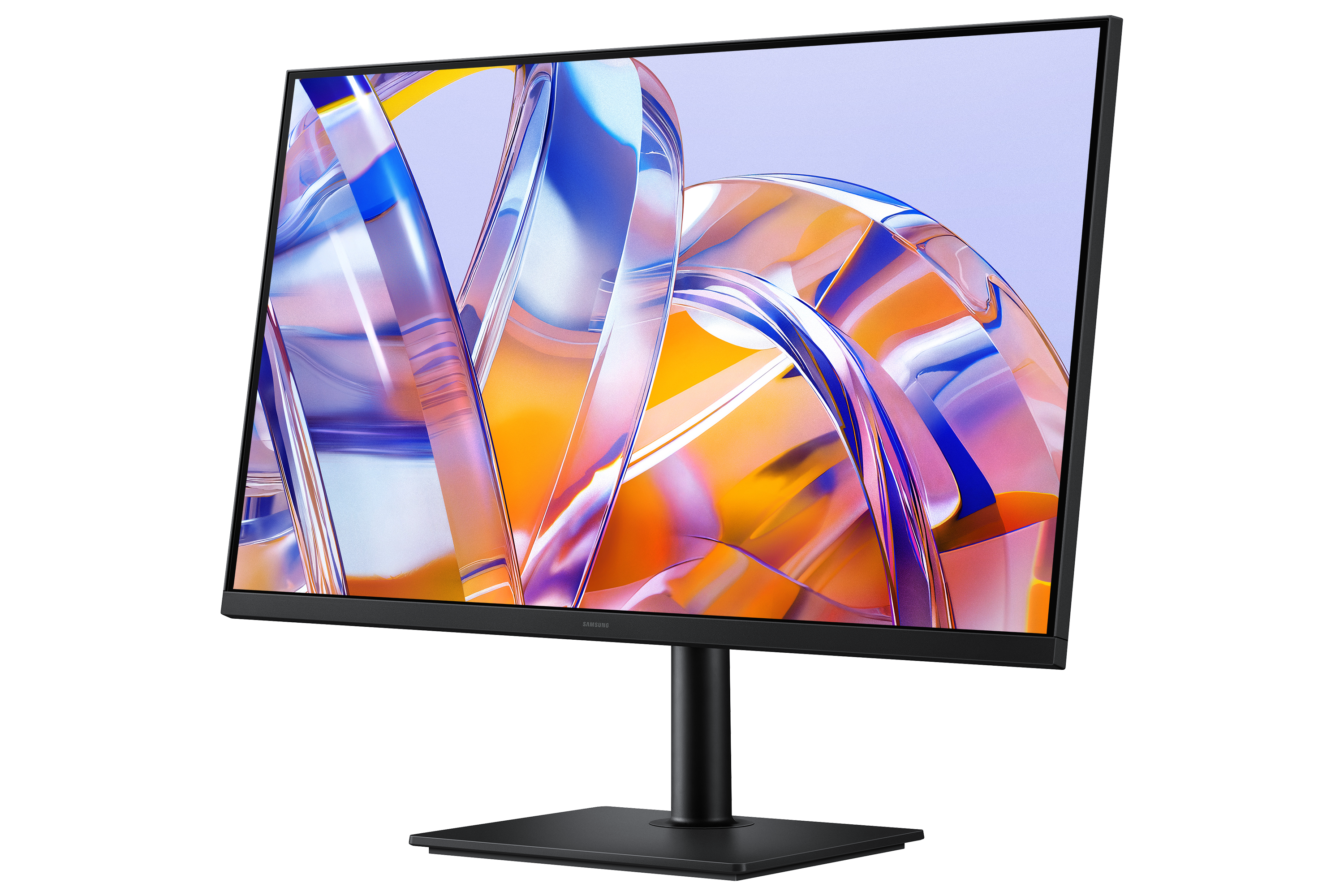 Ein moderner Monitor mit abstraktem, farbenfrohem Hintergrundbild. Der Monitor steht auf einem schwarzen Ständer.