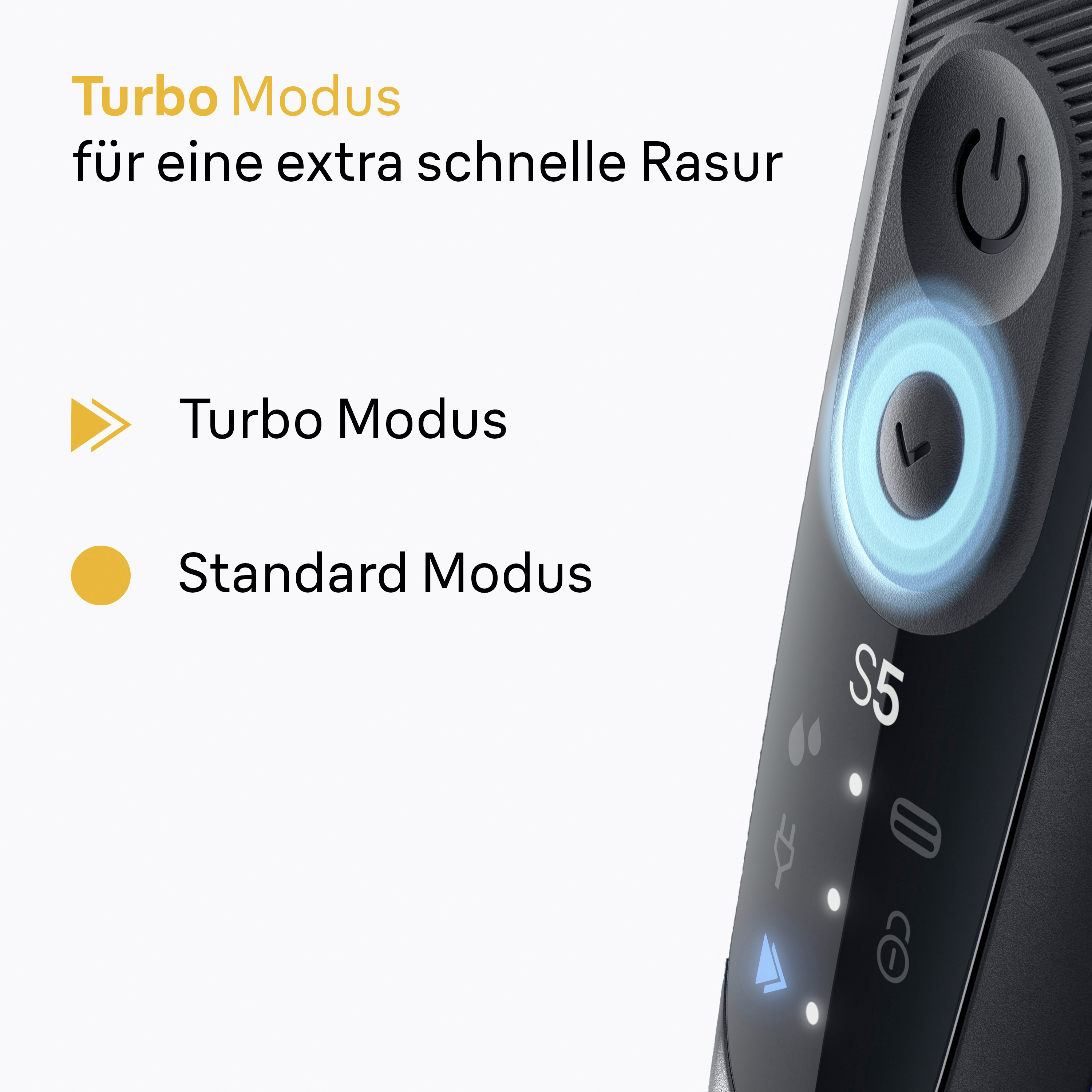 Rasierer mit Turbo Modus und Standard Modus Anzeige auf weißem Hintergrund.