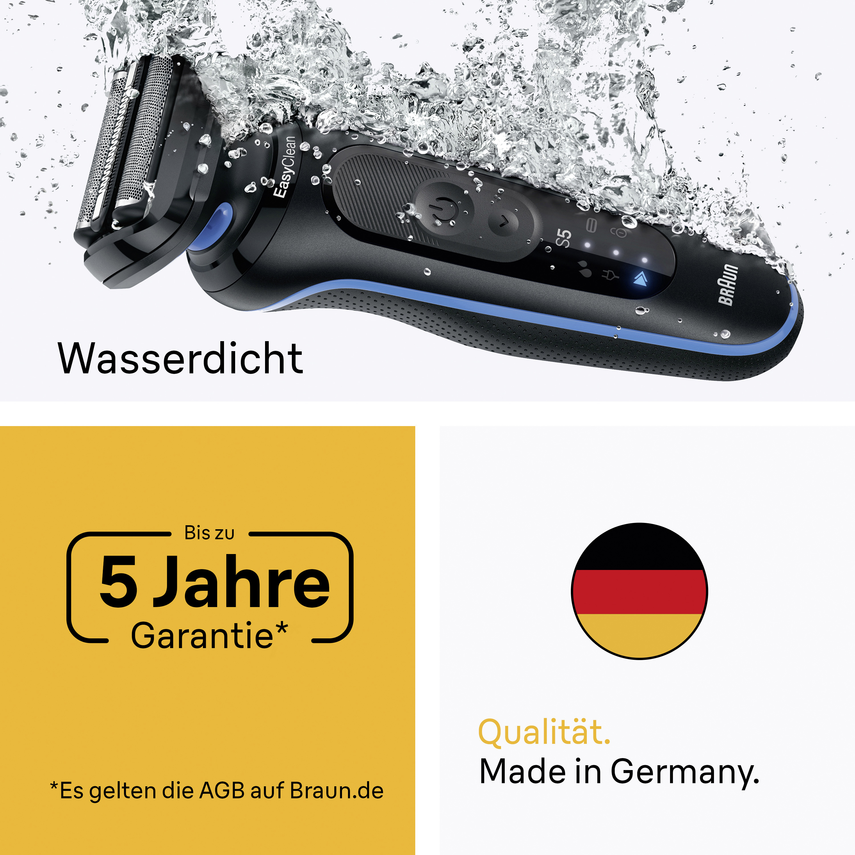 Wasserdichter Braun Rasierer wird unter Wasser gehalten. 5 Jahre Garantie.