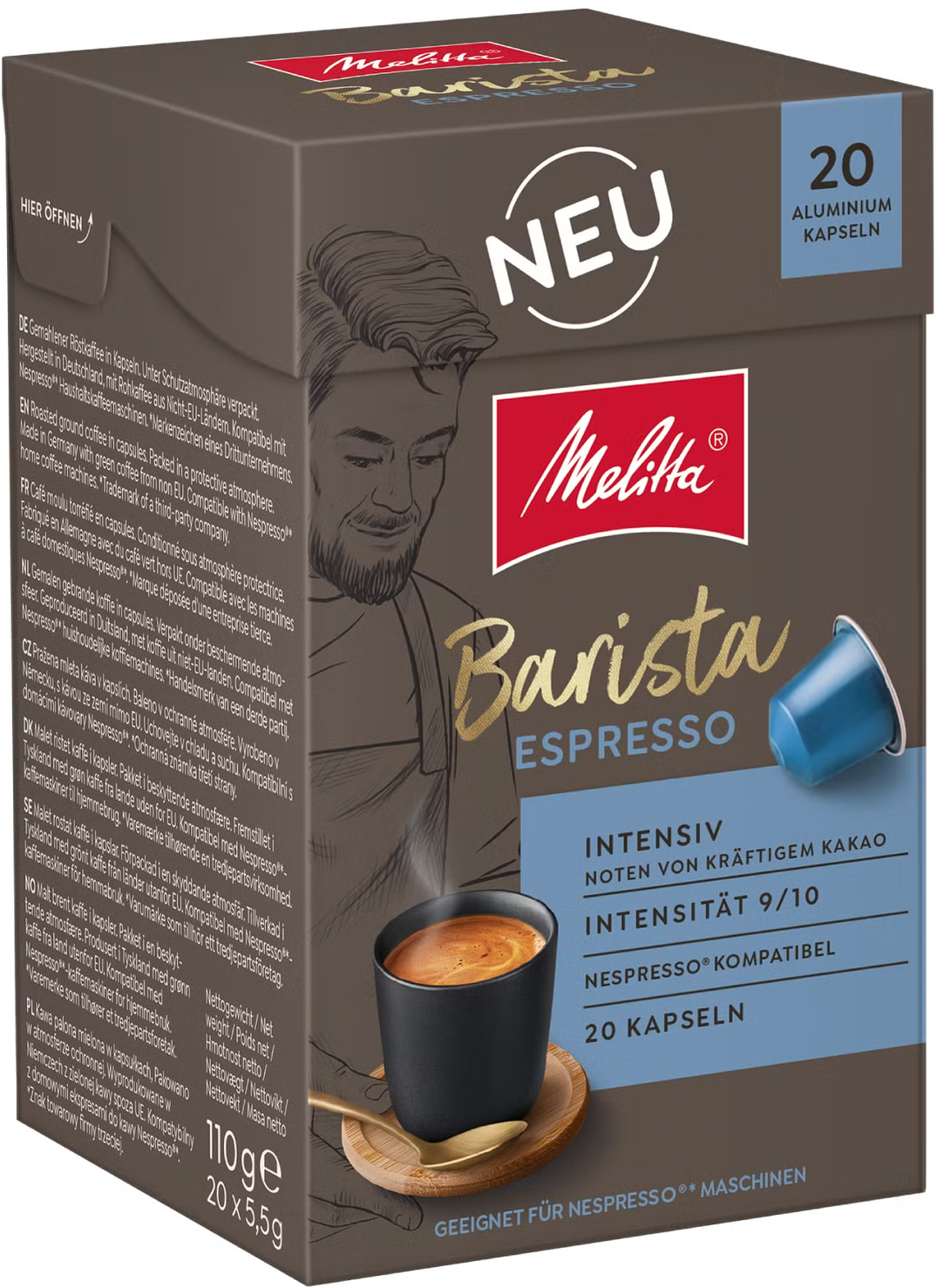 Melitta Barista Espresso Kapseln mit 20 Stück, intensiv, Kakaonoten.