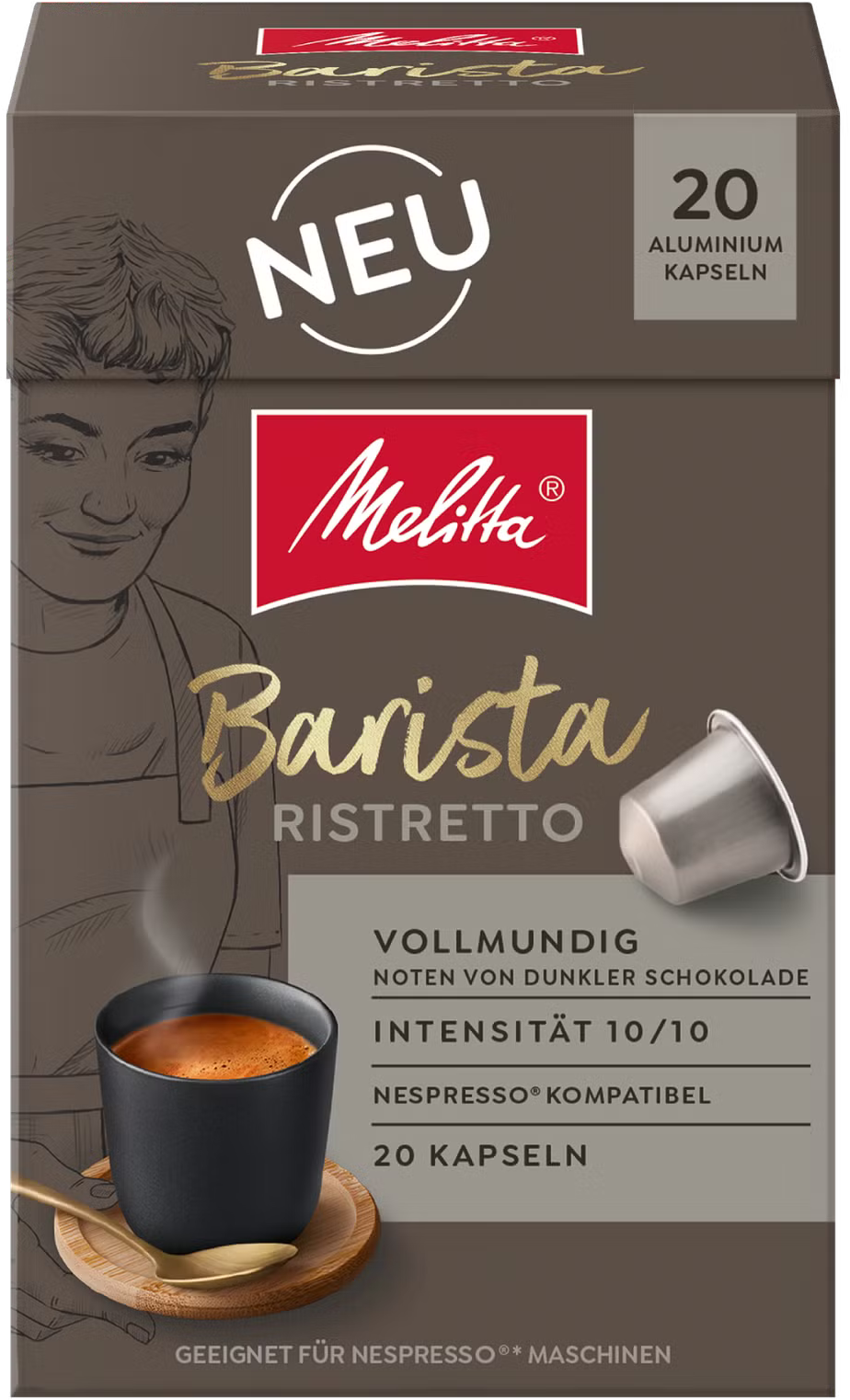 Melitta Barista Ristretto Kaffeekapseln mit einem Becher Kaffee. 20 Kapseln.