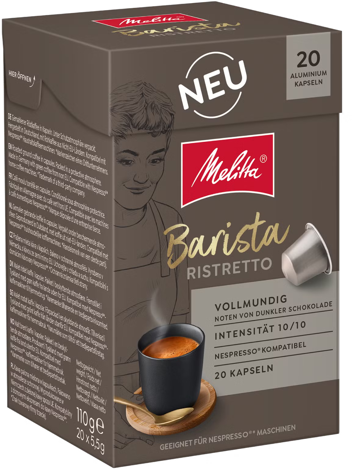 Melitta Barista Ristretto Kaffeekapseln, 20 Stück, mit Tasse Kaffee.