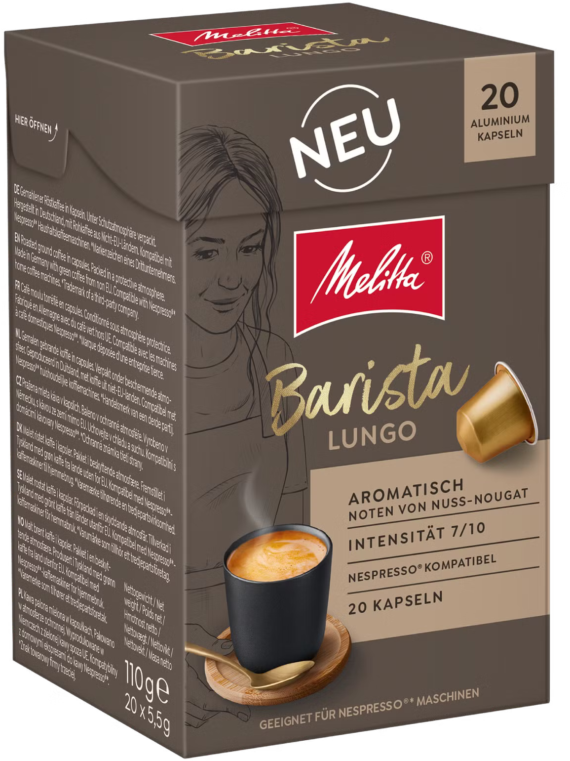 Melitta Barista Lungo Kapseln: 20 Alu-Kapseln, nuss-nougat Aroma, Intensität 7/10.