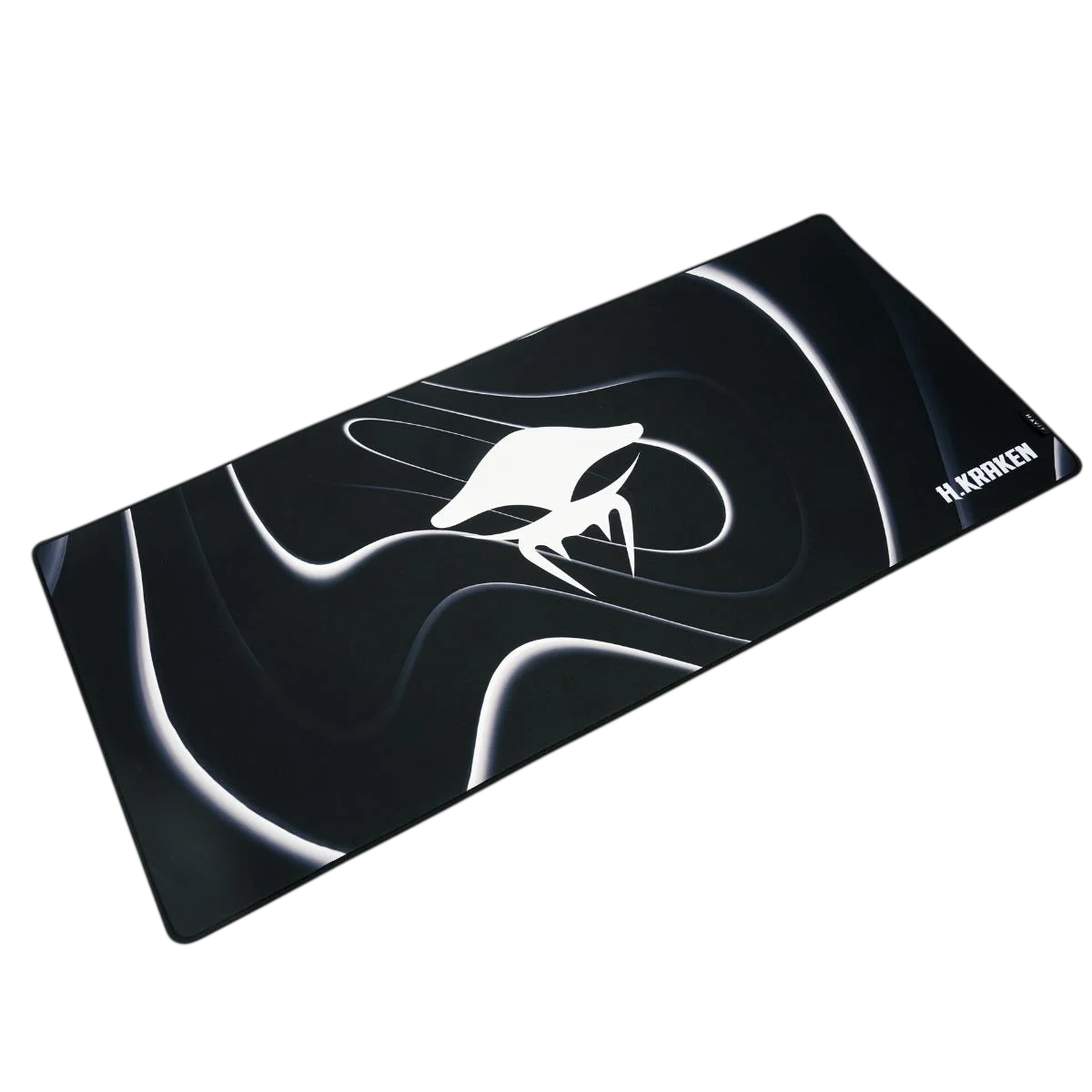 Beyaz soyut tasarımlı ve H.KRAKEN logolu siyah mousepad.