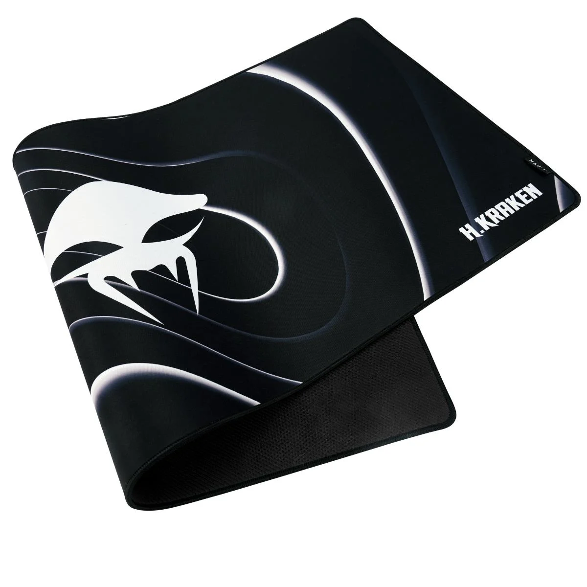 Beyaz kraken logosu ve girdap desenli siyah mousepad. H.KRAKEN yazısı.