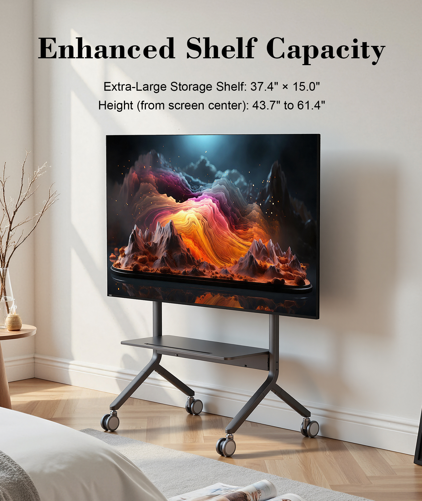 Tekerlekli modern TV sehpası, soyut dağ tasarımlı büyük bir ekranı taşıyor.