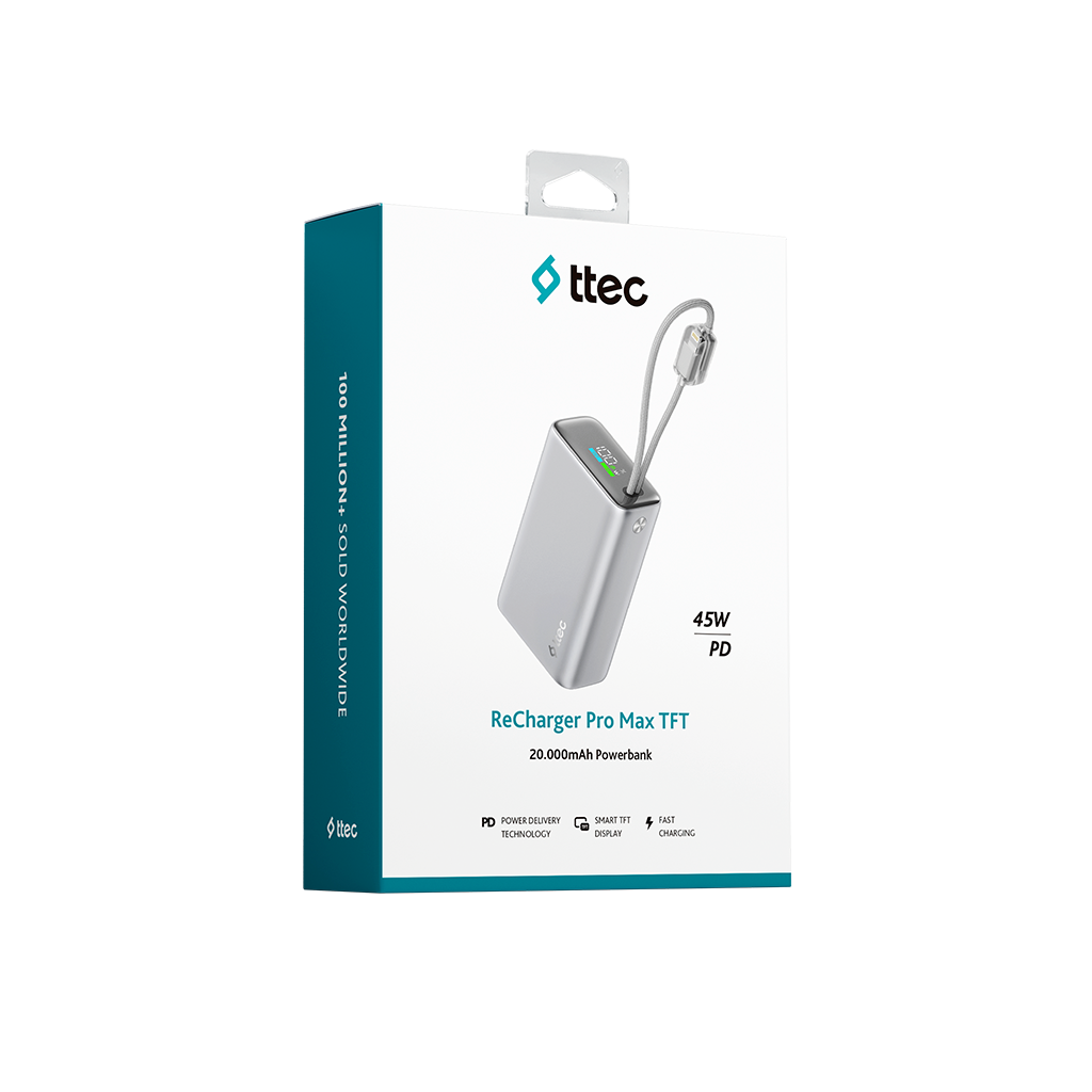 Gümüş Ttec ReCharger Pro Max TFT 20.000mAh powerbank, 45W PD ve dijital ekrana sahip.