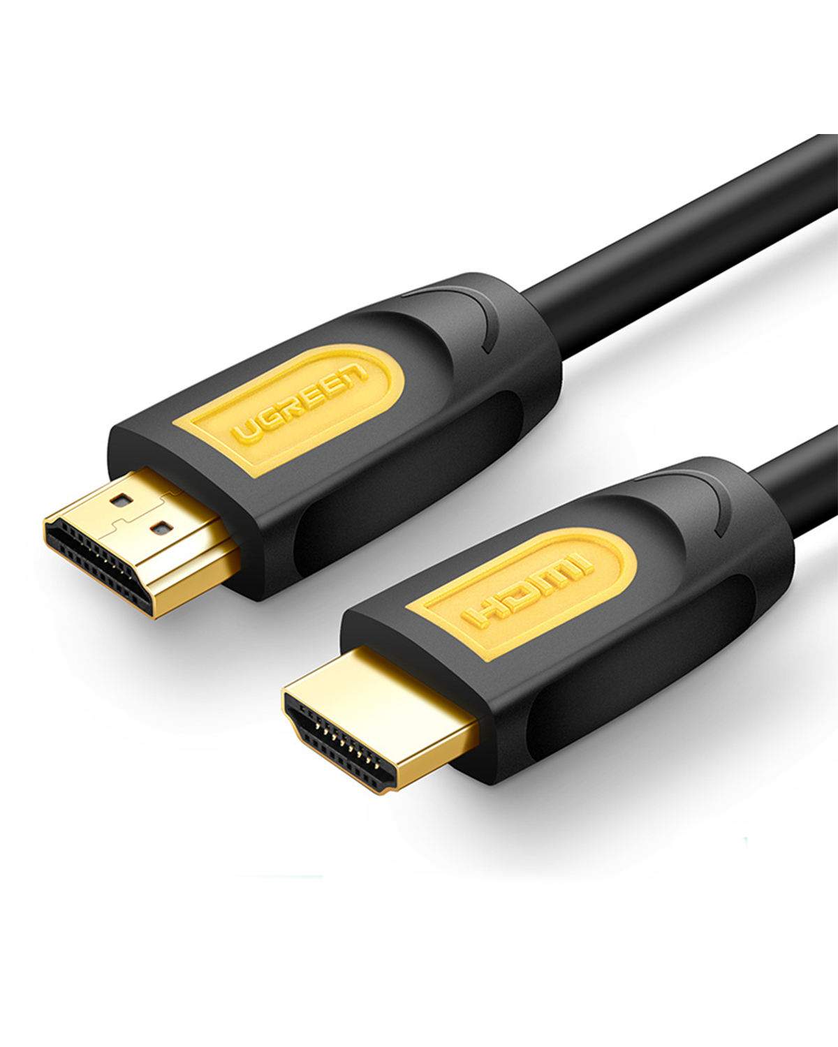Altın konektörlü ve sarı logolu iki siyah HDMI kablosunun yakın çekimi.