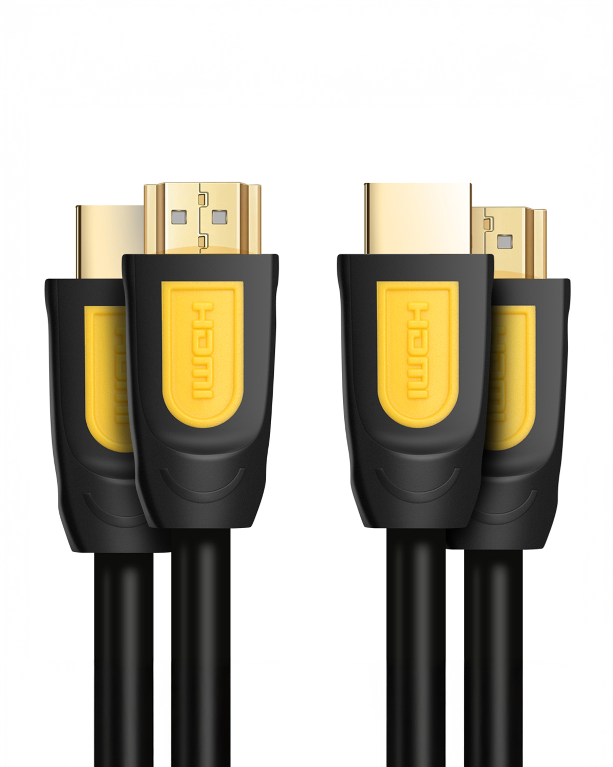 Altın konektörlü ve sarı vurgulu iki siyah HDMI kablosu.