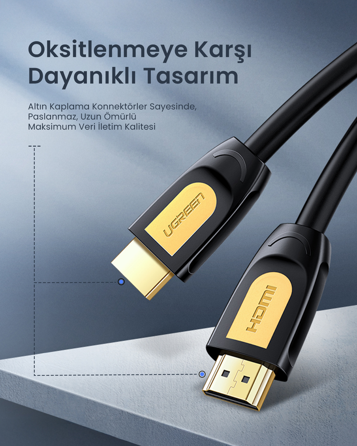 Gri zemin üzerinde altın konnektörlü ve marka logolu iki siyah HDMI kablosu.