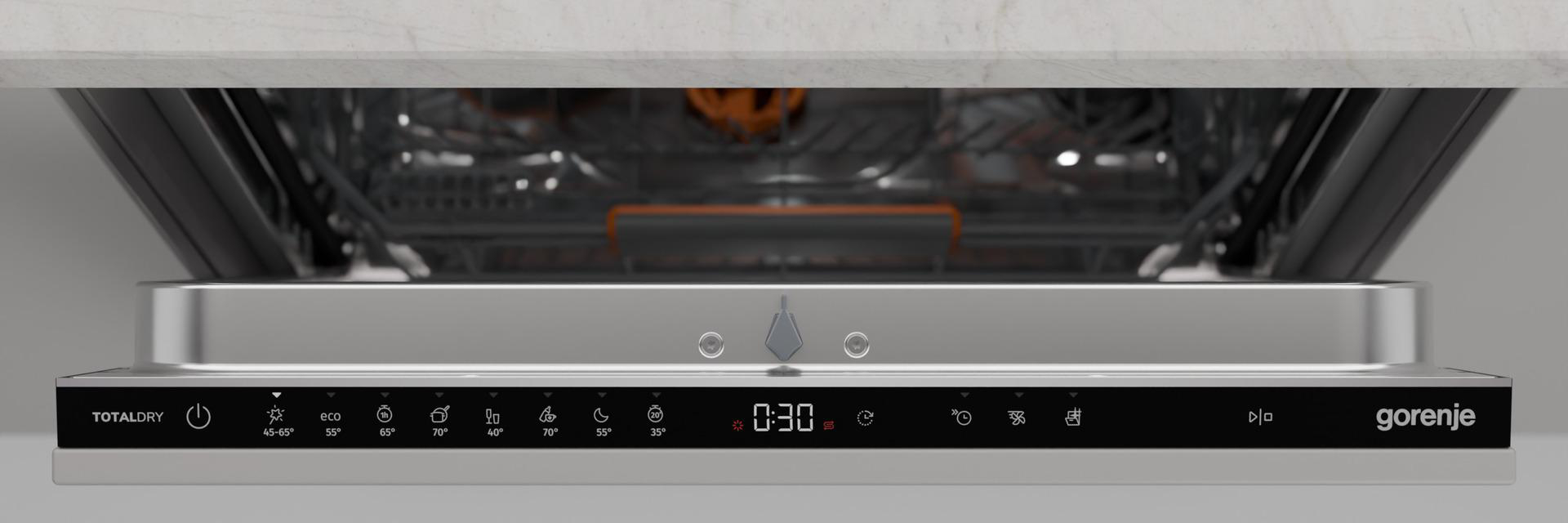 Geschirrspüler-Bedienfeld mit Symbolen, Timer 0:30 und Marke Gorenje.