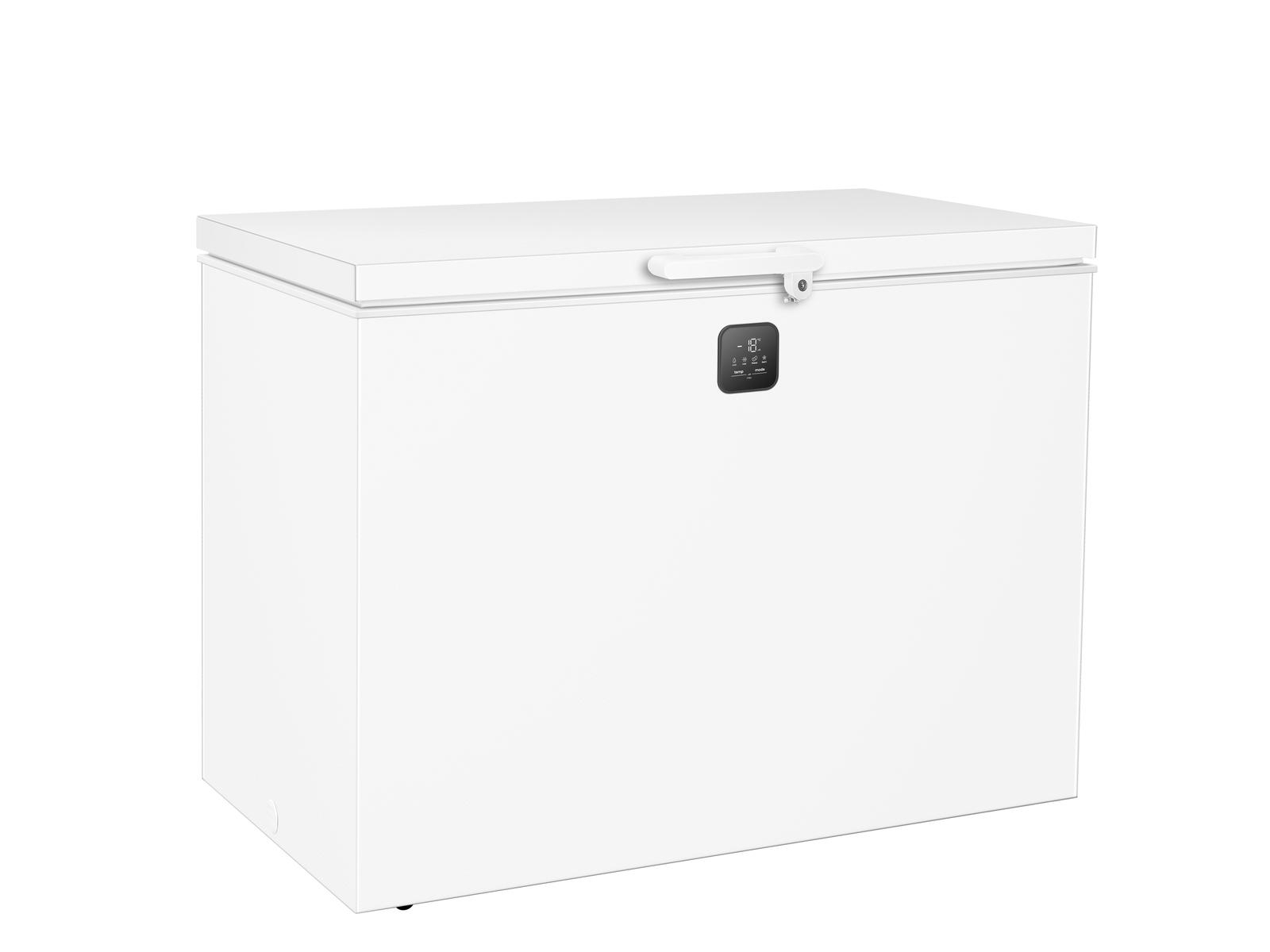 Ein weißer Gefrierschrank mit schwarzem Display und Griff.