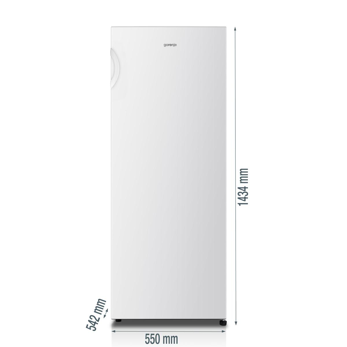 Ein weißer Gorenje-Kühlschrank mit Maßen 1434 mm x 550 mm x 542 mm.