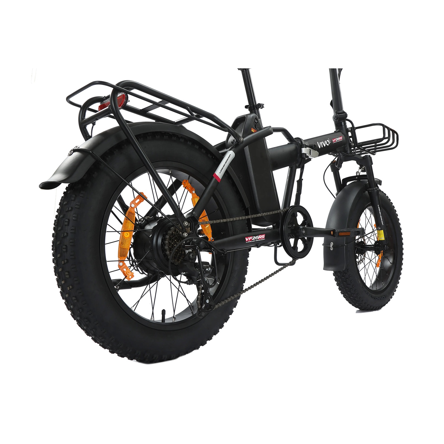 Bicicletta elettrica nera con pneumatici larghi, portapacchi posteriore e cestino anteriore.