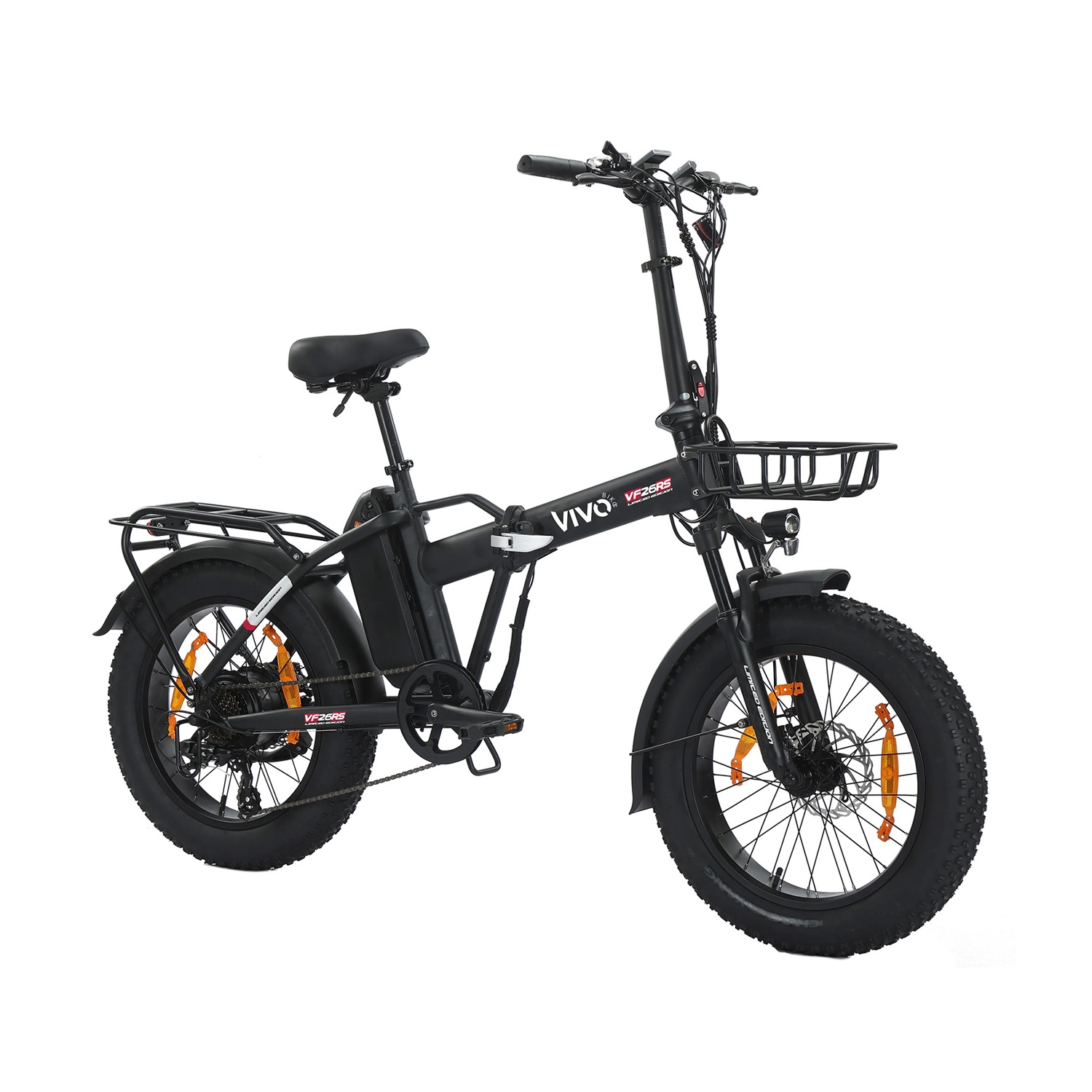 Una bici elettrica pieghevole nera con cestino anteriore e portapacchi posteriore.
