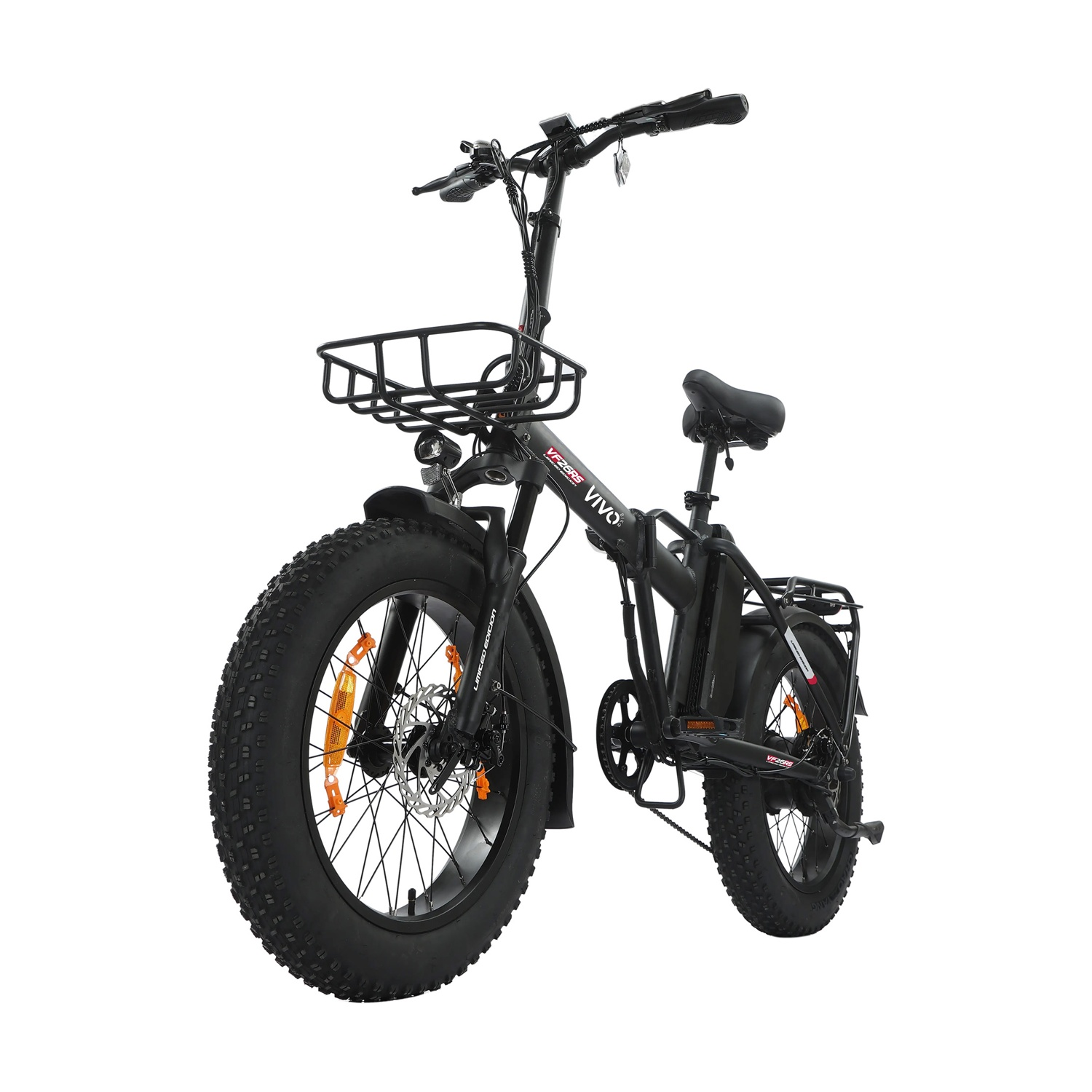 Bici elettrica nera con pneumatici larghi, cestino anteriore e portapacchi.