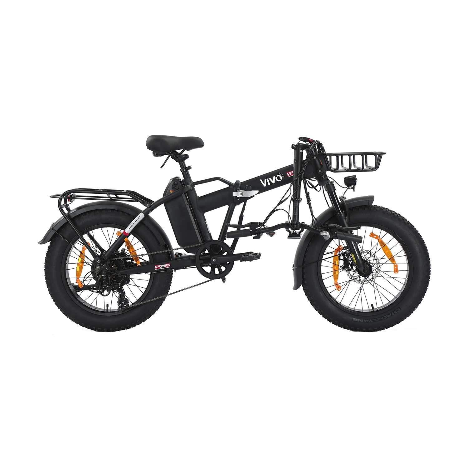 Bici elettrica pieghevole nera con pneumatici larghi, portapacchi anteriore e posteriore.