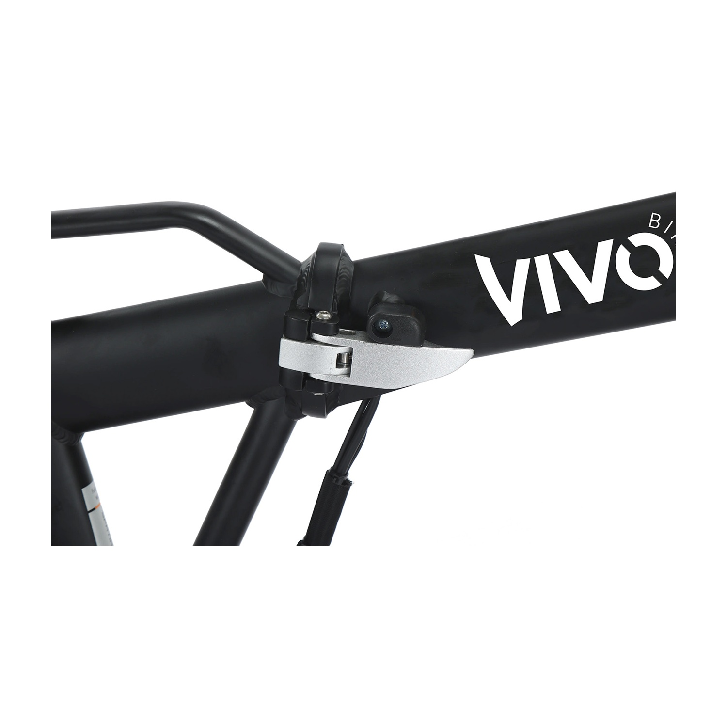 Primo piano di un telaio di bicicletta nero con morsetto argentato e logo bianco VIVO B/.