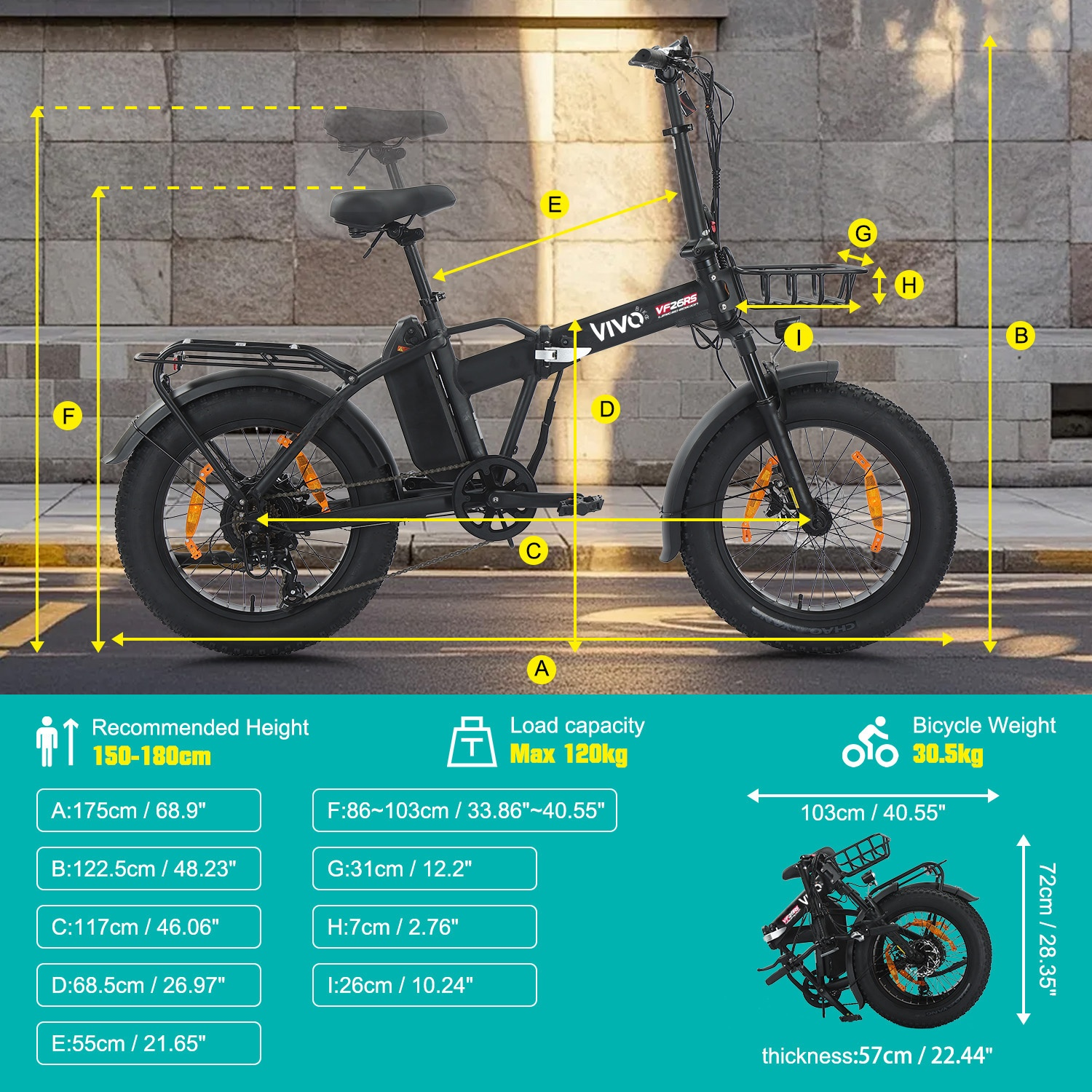 Una e-bike pieghevole nera con dimensioni, consigliata per 150-180cm.