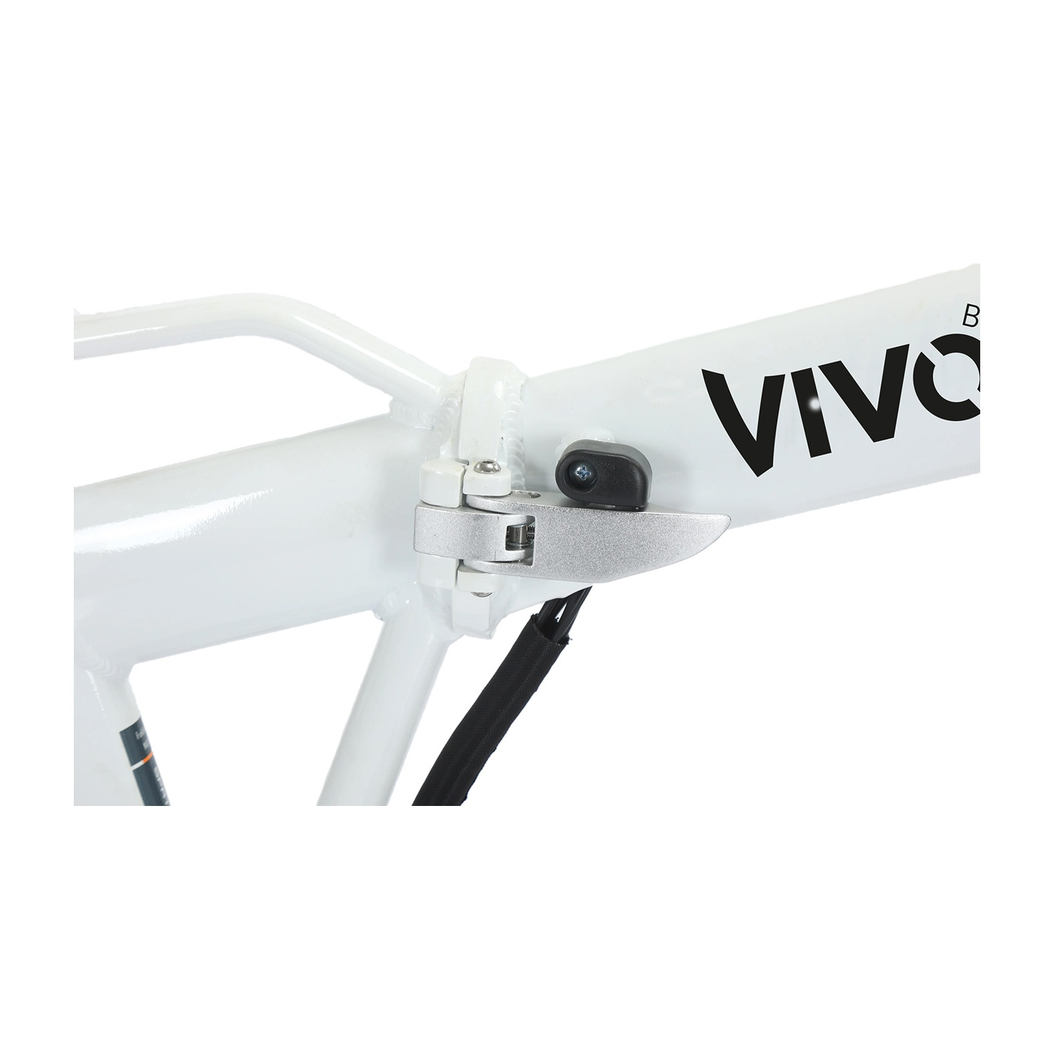Primo piano del telaio bianco di una bicicletta con logo 'VIVO' e meccanismo pieghevole.