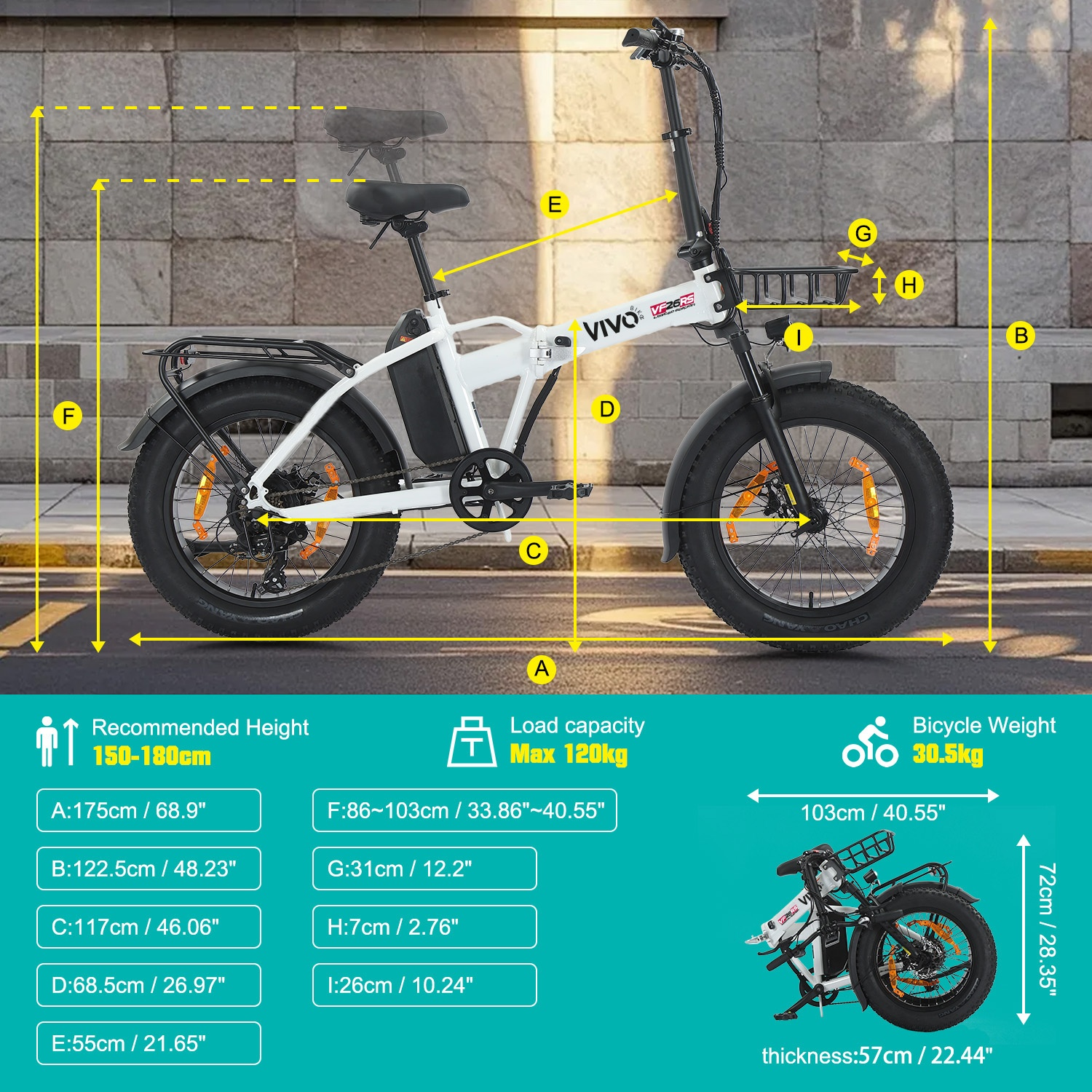 E-bike bianca con pneumatici grassi, cestino e dimensioni. Altezza consigliata 150-180cm.