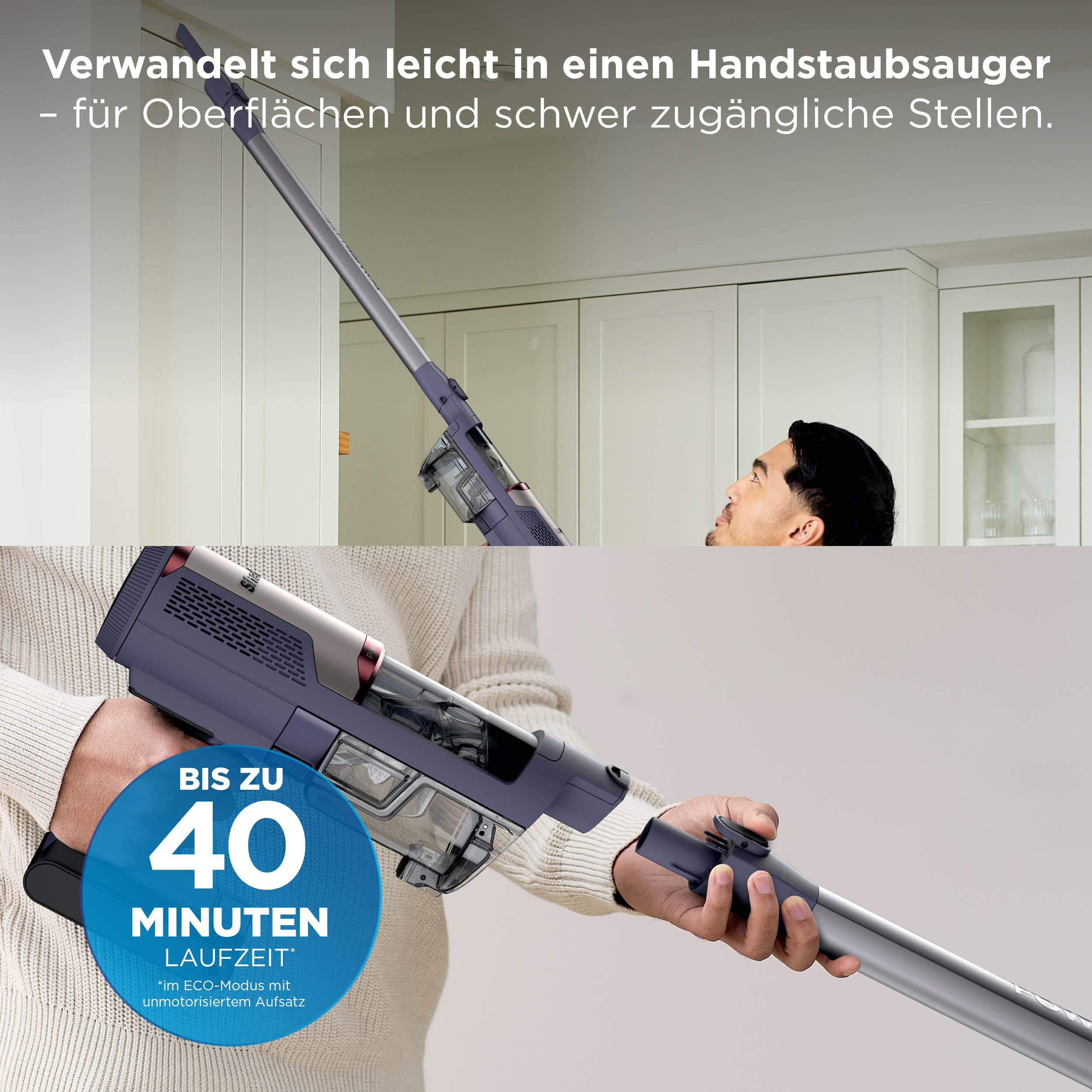 Ein Mann hält einen violetten Akku-Staubsauger, der sich in einen Handstaubsauger verwandelt.