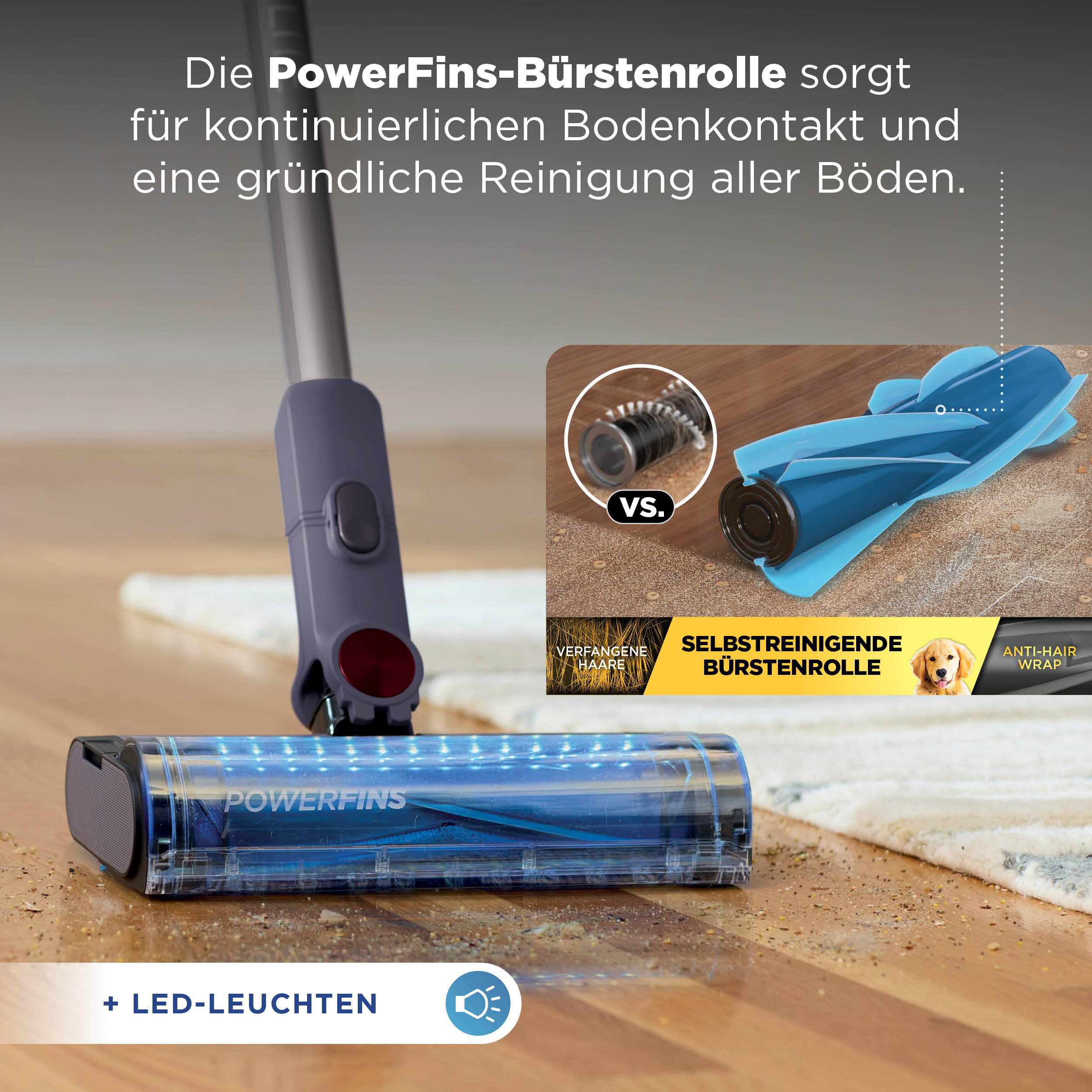Bodenbürste mit LED-Licht und Vergleichsbildern zu Haaren und Hund.