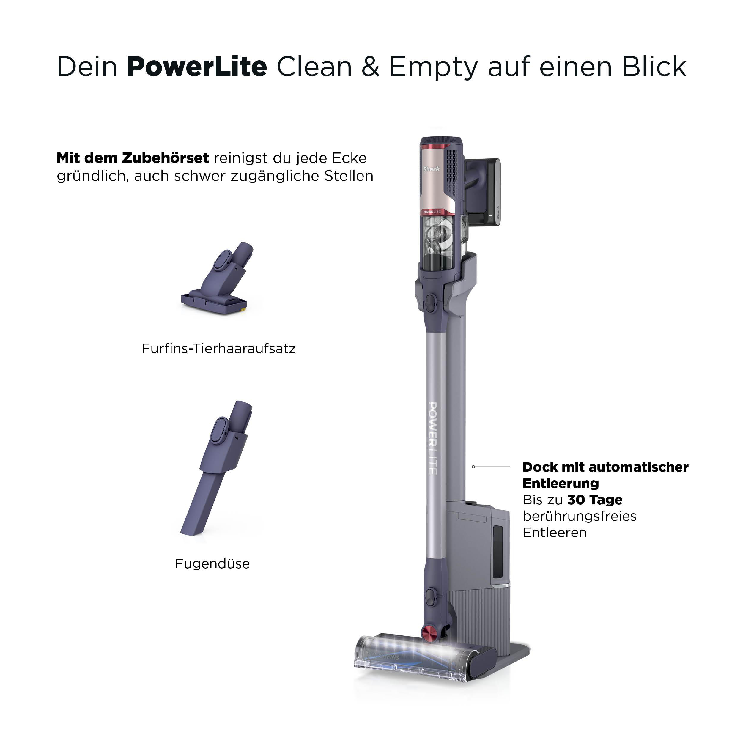 Ein PowerLite Staubsauger mit Zubehör und Dock für automatische Entleerung.