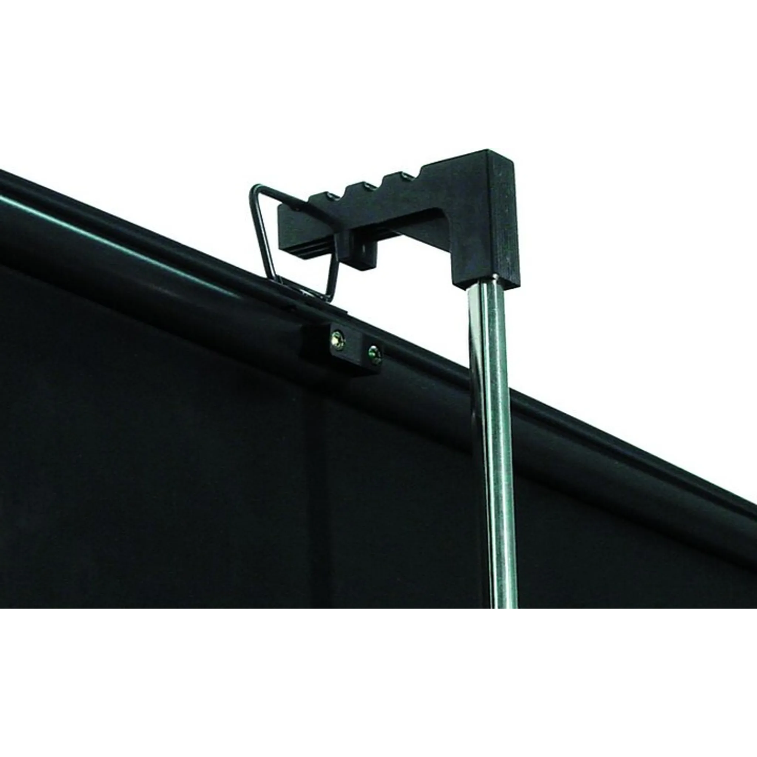 Black holder with metal pole attached to a black screen.