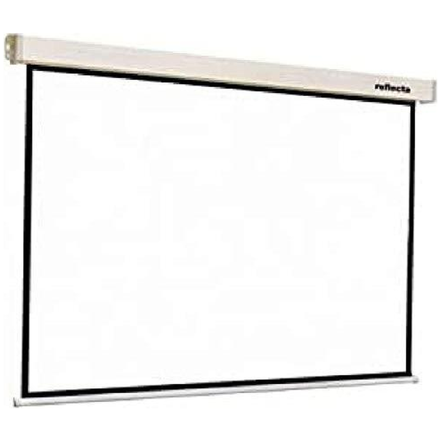 A white projection screen with a silver casing and black border.