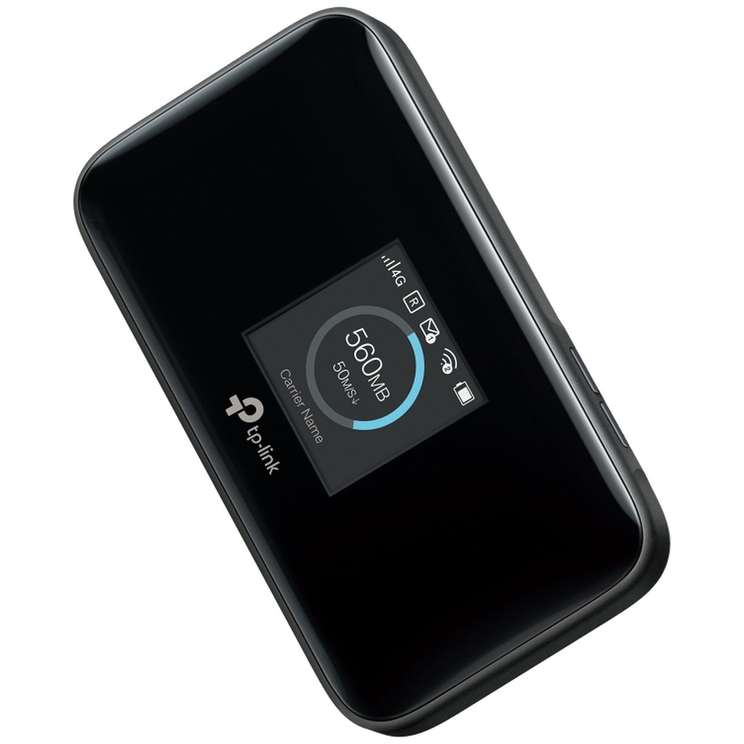 A black TP-Link mobile Wi-Fi hotspot with a small screen showing 560MB data and 50MB/s speed.