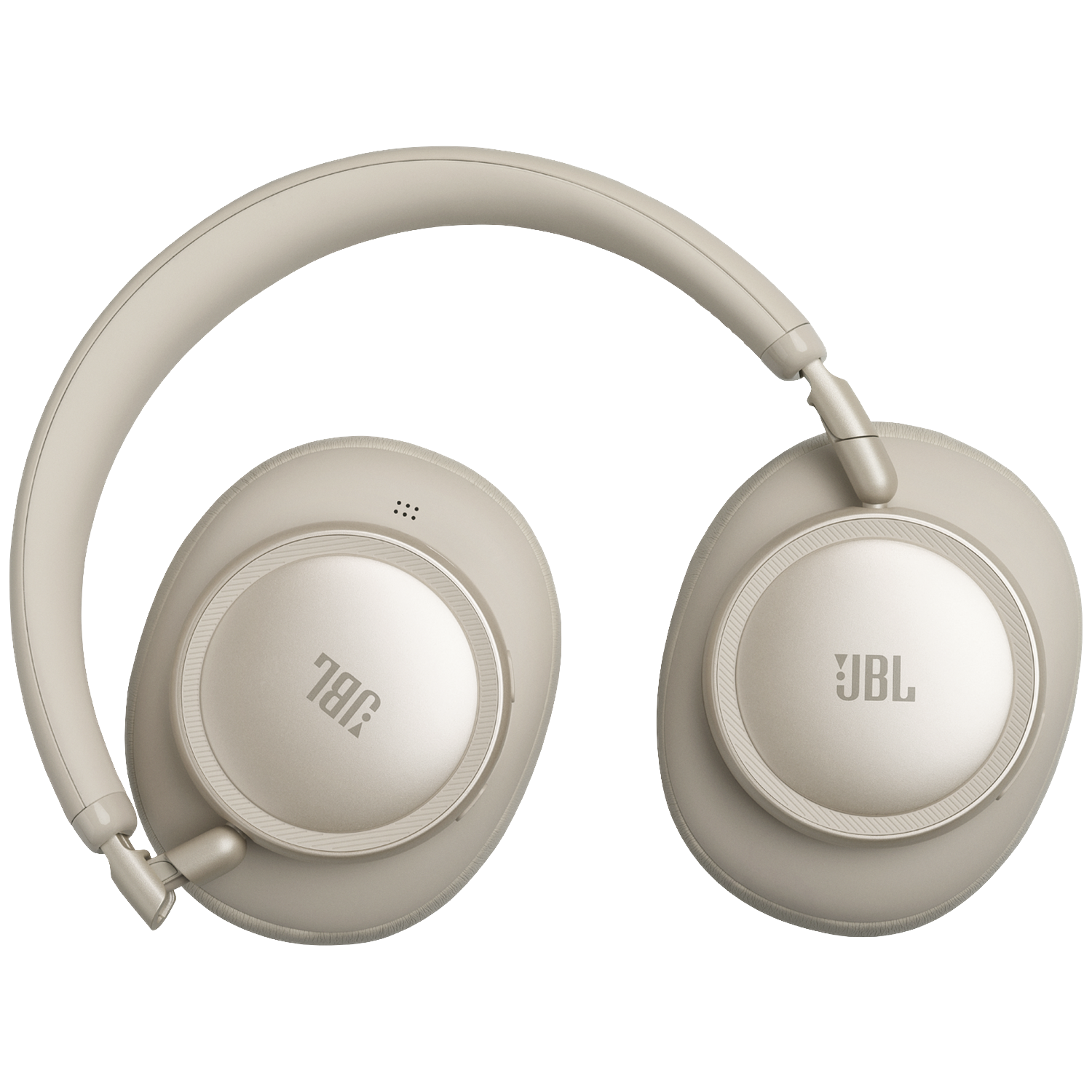 Casque JBL de couleur crème sur fond noir.