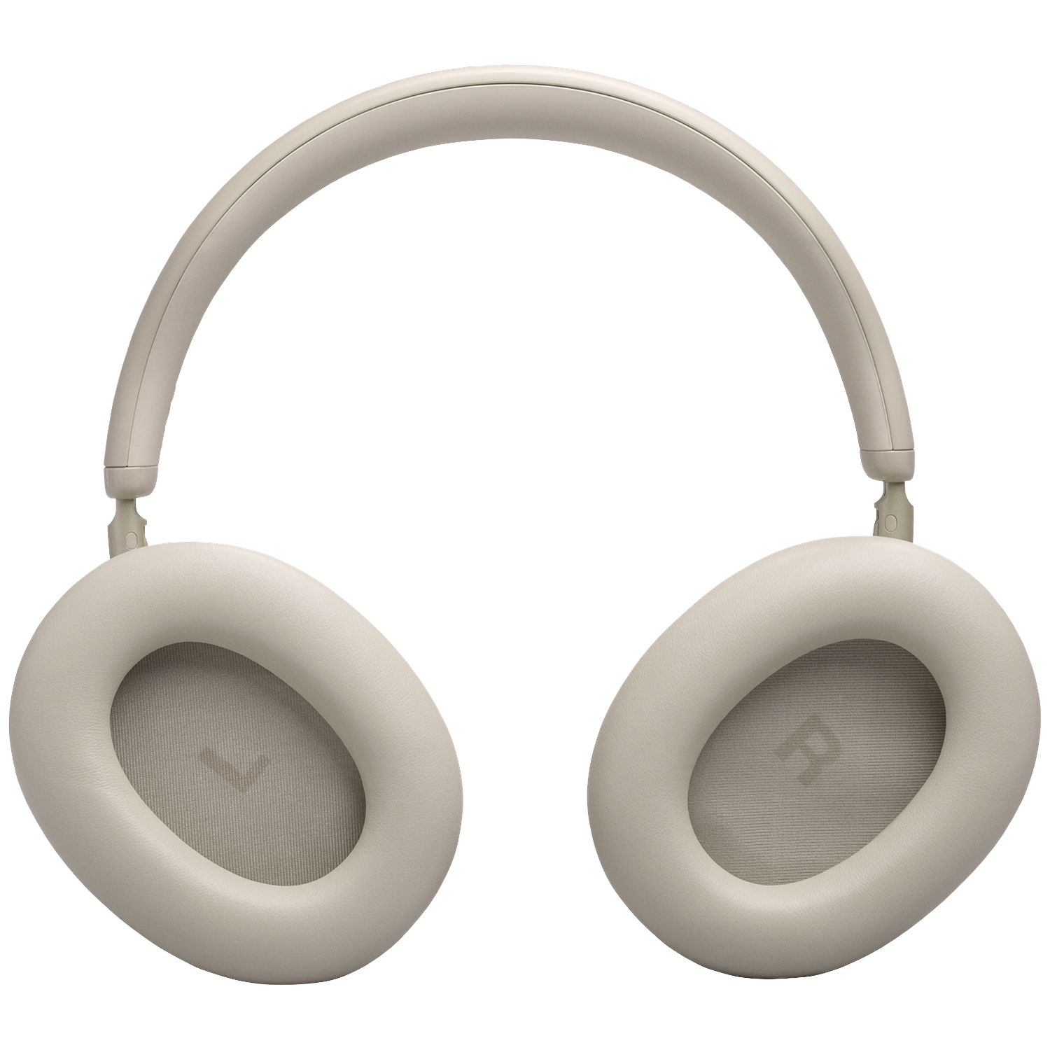 Casque beige circum-aural avec coussinets rembourrés et arceau. Marquages G et D.