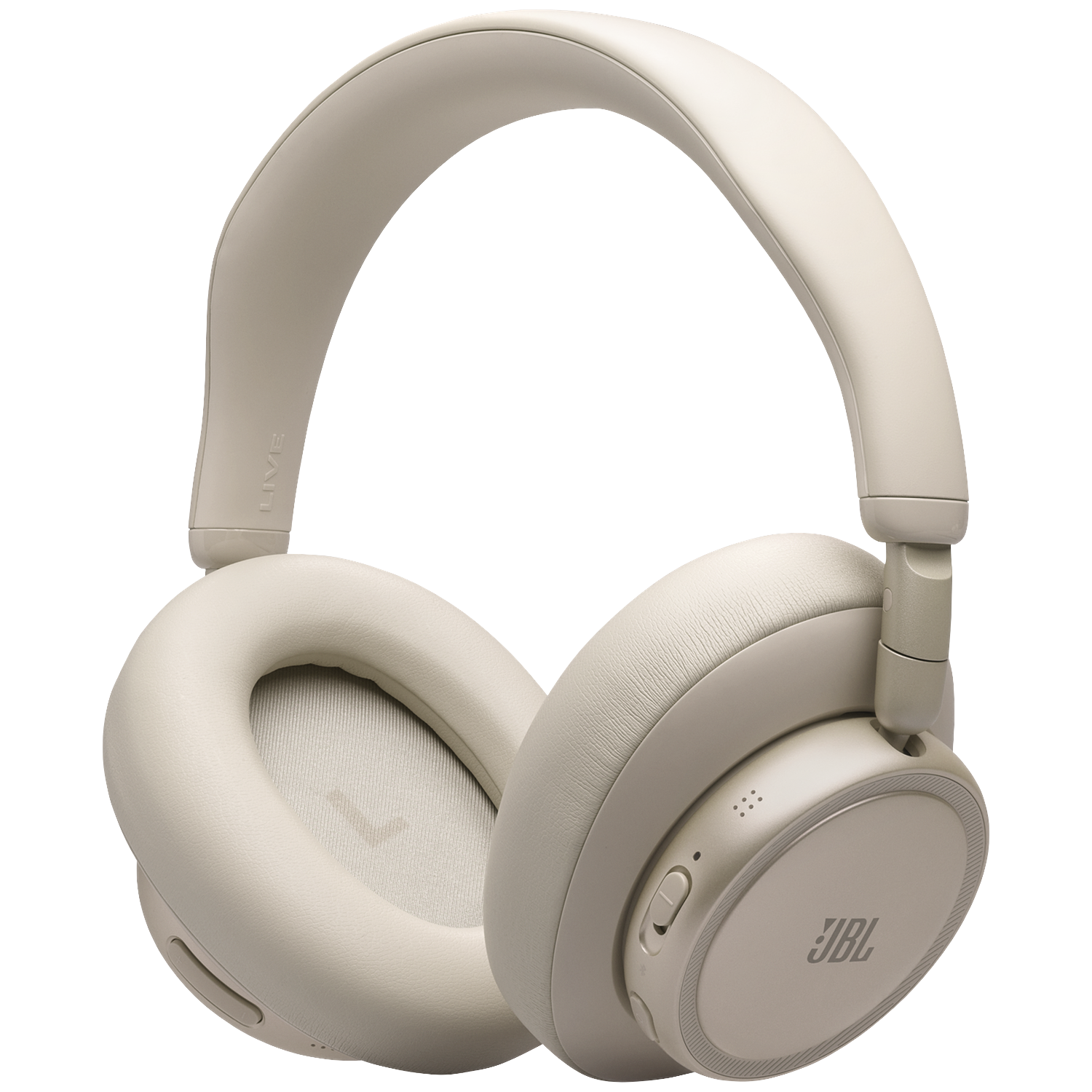 Casque JBL beige avec oreillettes rembourrées et serre-tête réglable.