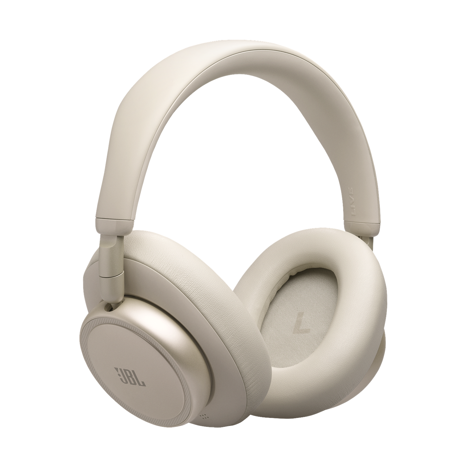 Casque JBL beige avec oreillettes circum-auriculaires sur fond noir.