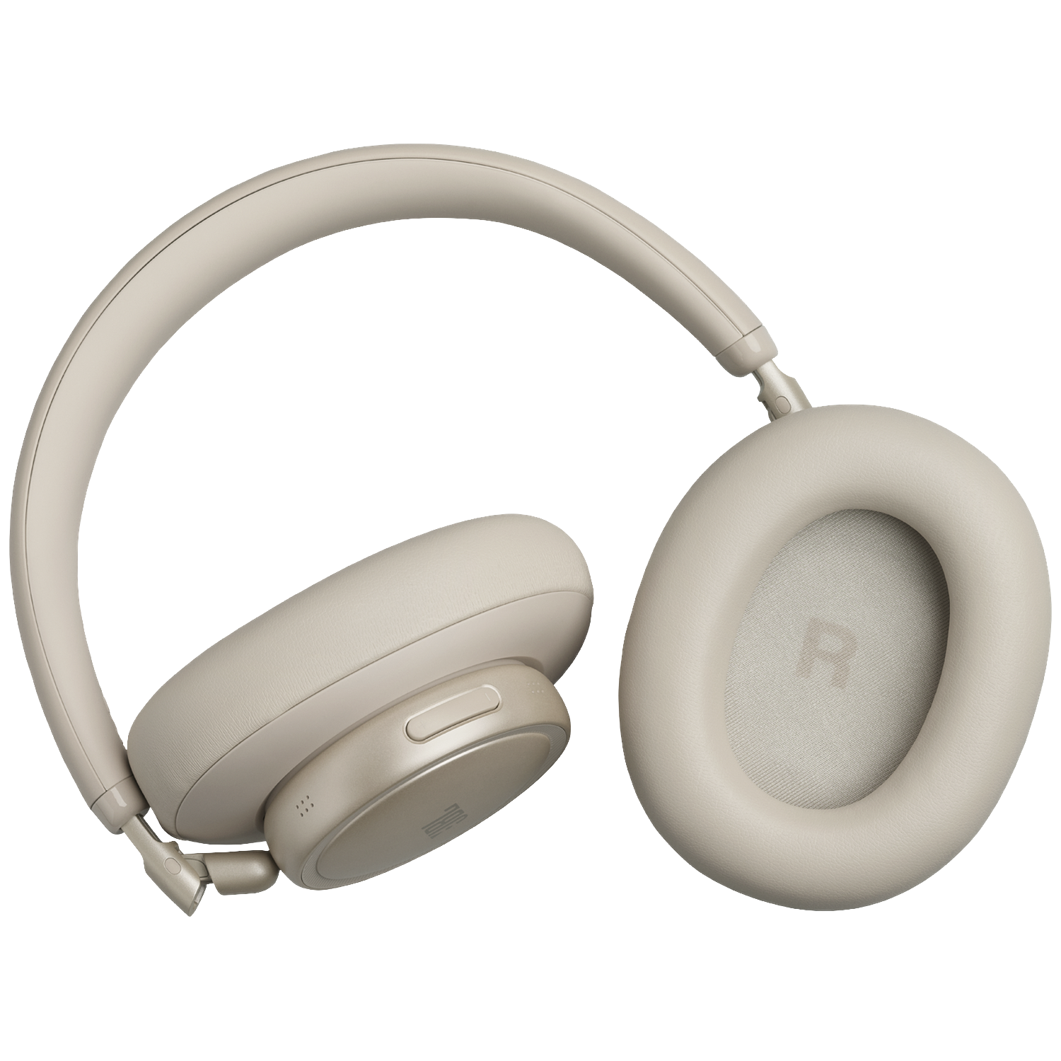Casque beige avec écouteurs rembourrés sur fond noir.