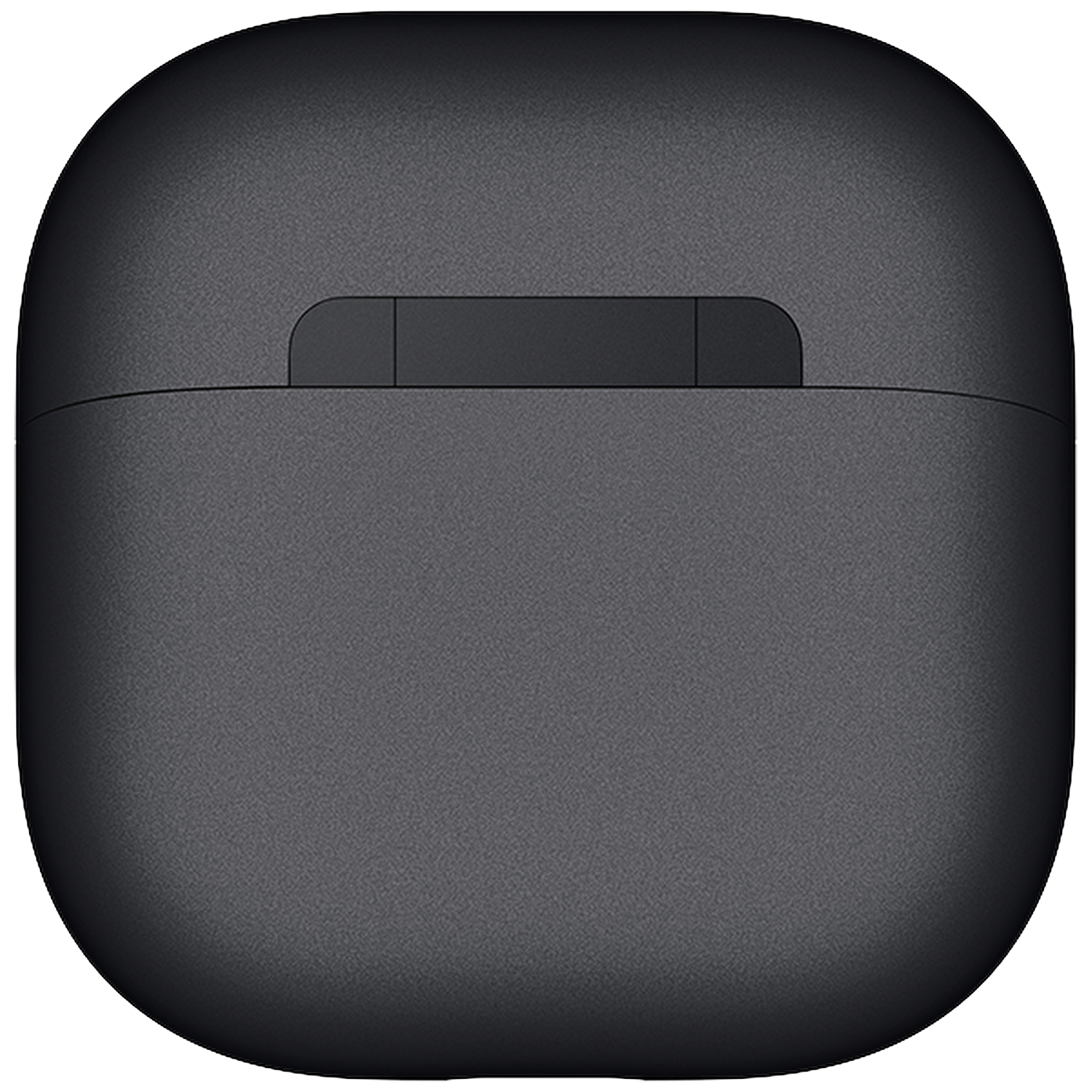 Grijze oplaadcase voor draadloze oordopjes met een smalle gleuf aan de bovenkant.